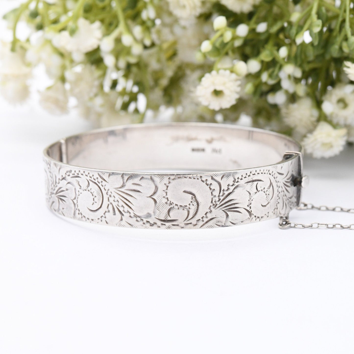 Vintage Sterling Silver Bangle Bracelet 1976 with Scrolling Design PM - Floral Chunky Silver Jewellery | with Safety Chain