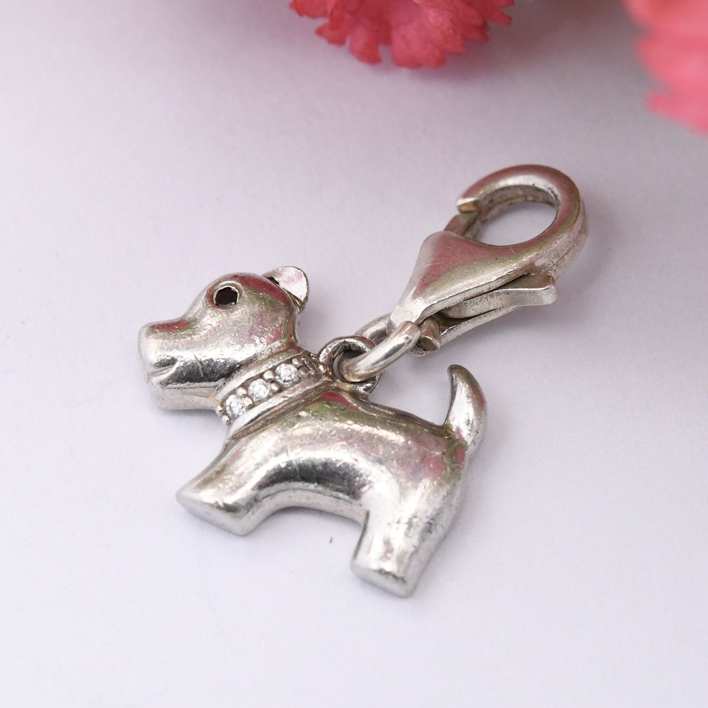 Sterling Silver Dog Charm with Lobster Clasp - Scottish Terrier Scottie Dog Pendant | with Sparkly CZ Collar and Black Eye