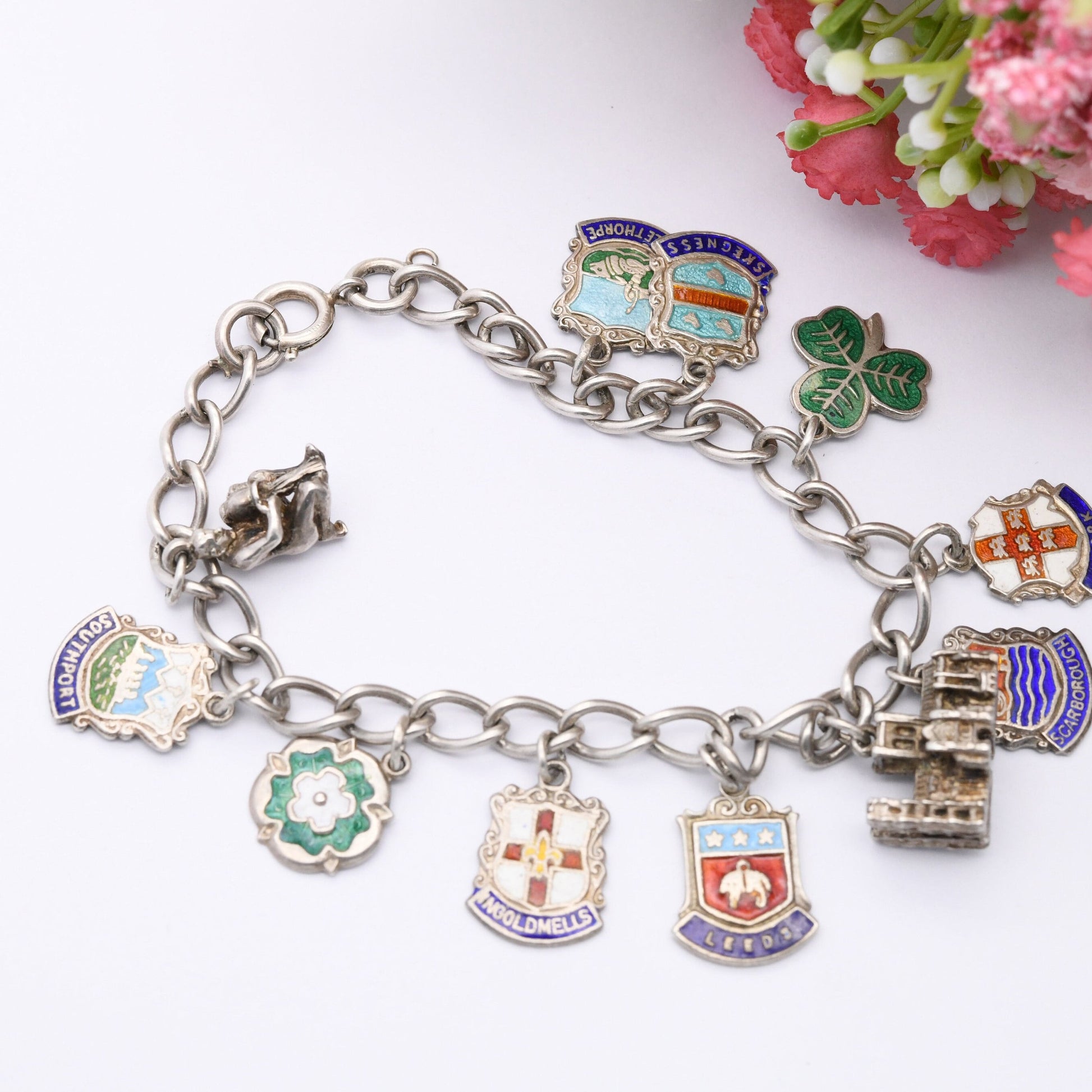 Vintage Sterling Silver Charm Bracelet with Shield Travel Charms - Aquarius Leeds York Houses of Parliament | Curb Links | Starter Charm Set