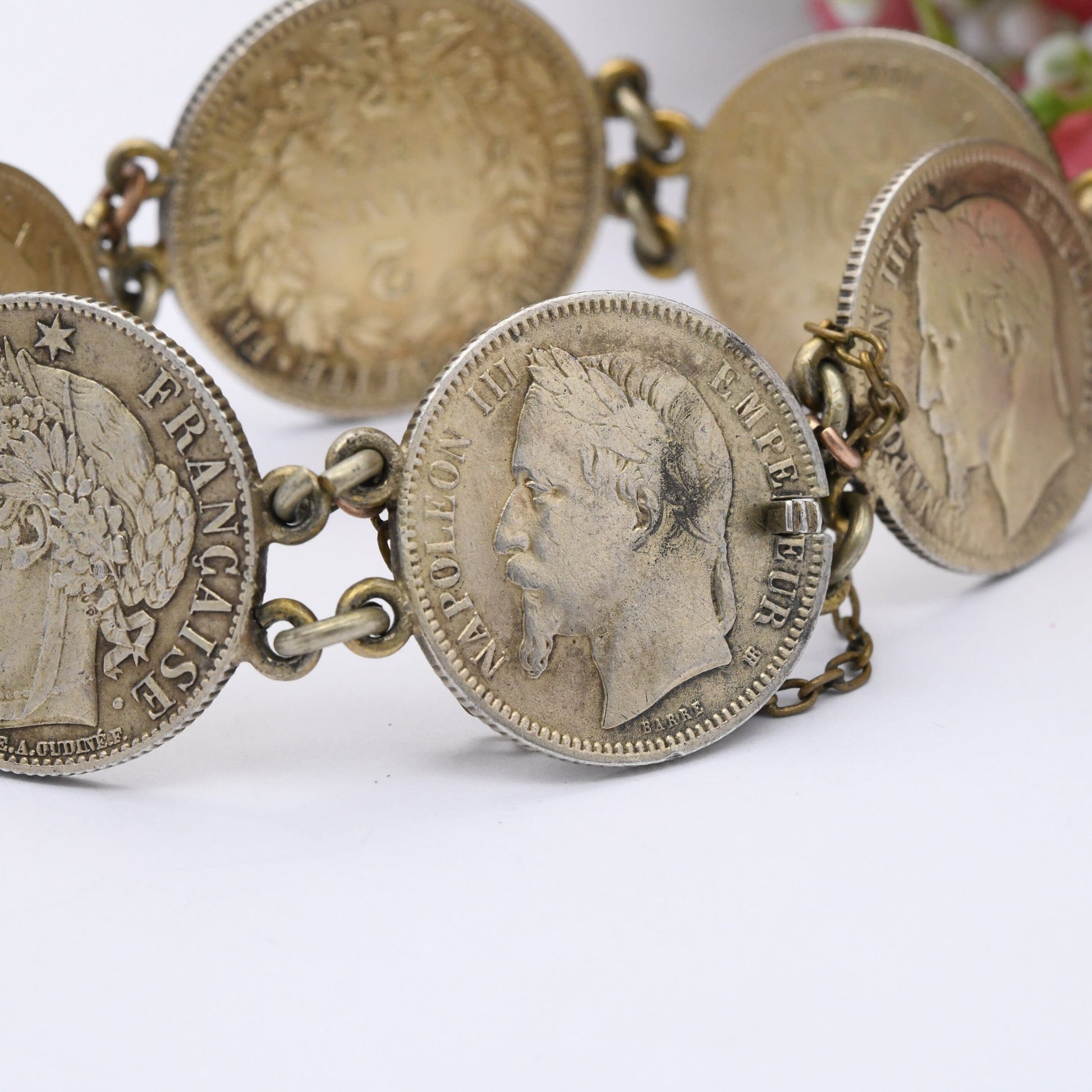 Antique French Silver Coin Bracelet - 1867 Napoleon III 1 Franc 1872 Ceres 2 Francs | Silver Coin Jewellery