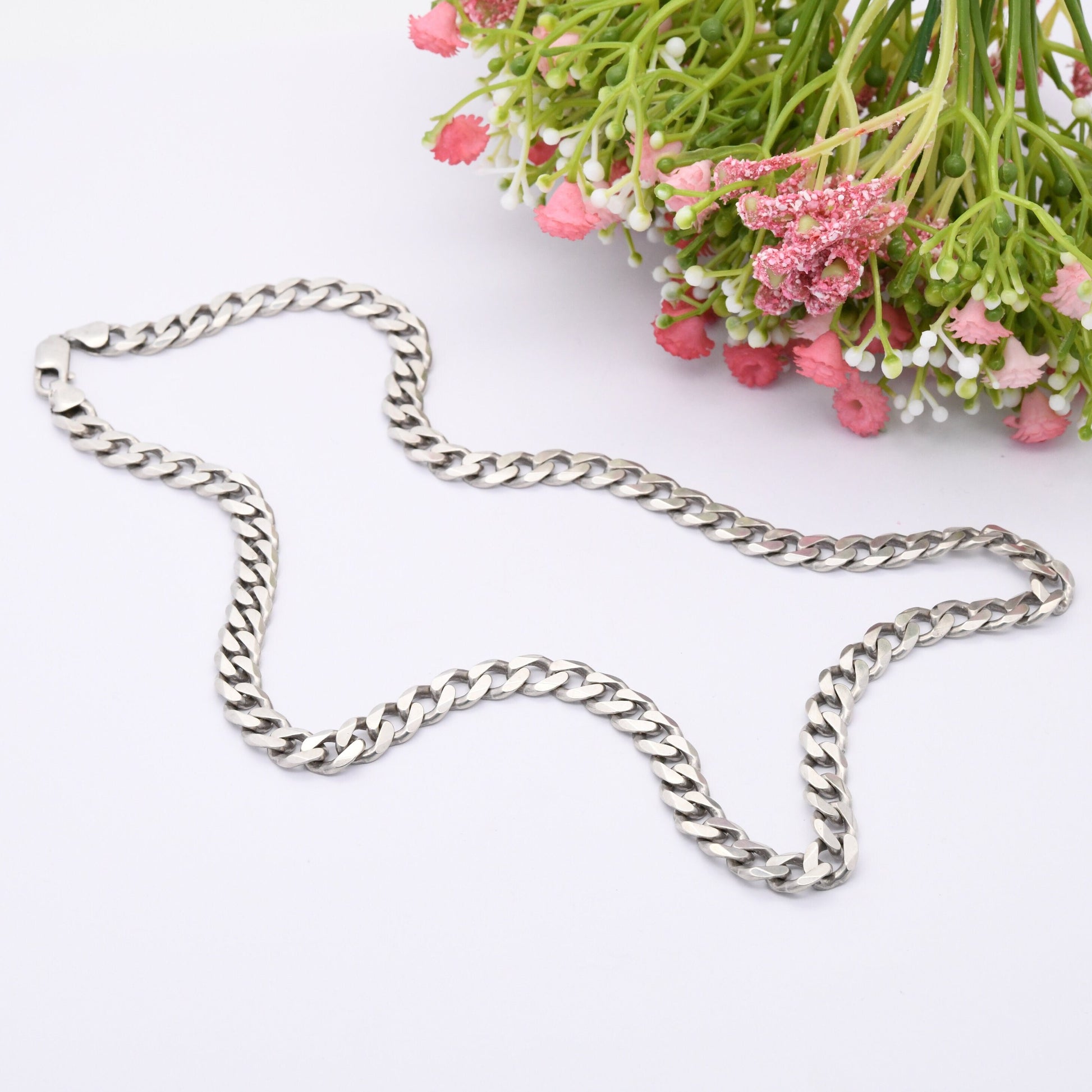 Chunky Italian Sterling Silver Curb Link Chain Necklace - Large Y2K Flat Curb | Heavy Silver Necklace | 22"