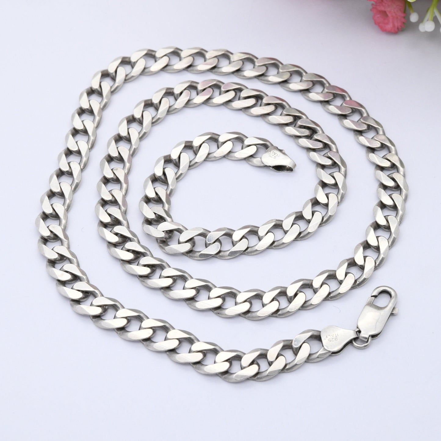 Chunky Italian Sterling Silver Curb Link Chain Necklace - Large Y2K Flat Curb | Heavy Silver Necklace | 22"