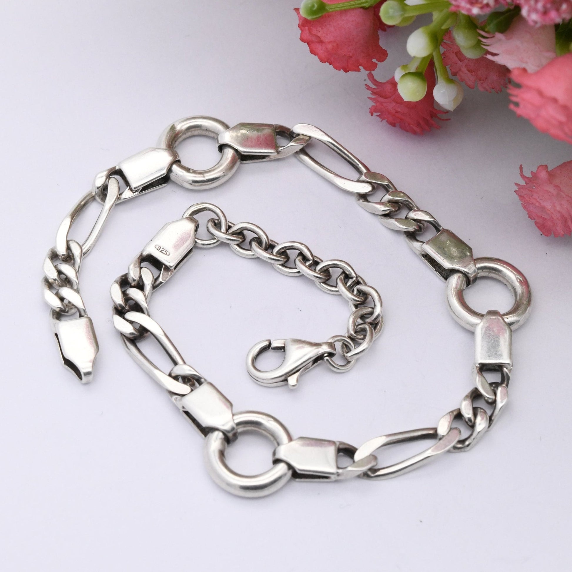 Vintage Sterling Silver Ankle Bracelet Anklet - Long Figaro Chain with Hoops | Gift for Girlfriend | Quality Minimalist Silver
