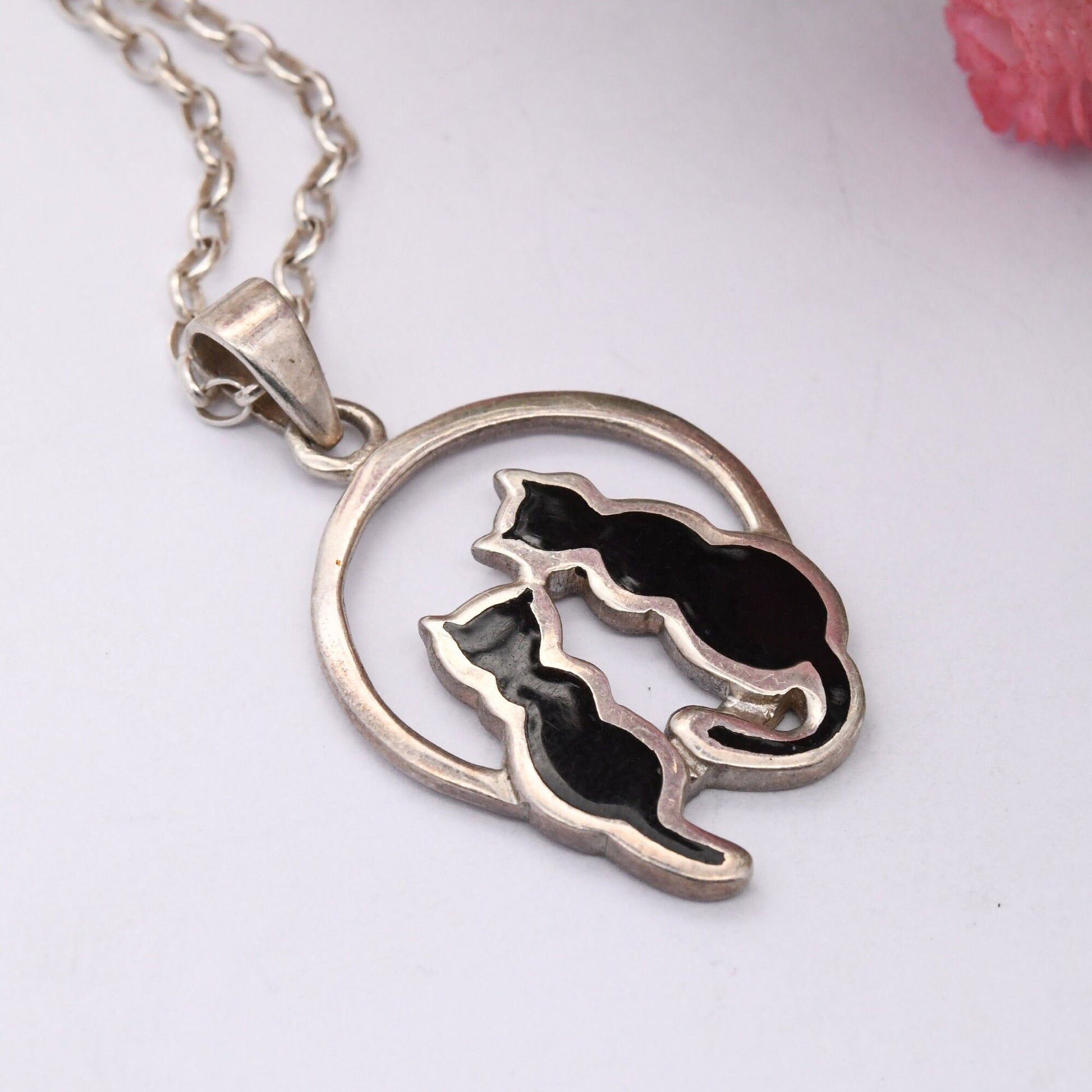 Sterling Silver Sea Gems Moonlight Cat Pendant Necklace - Enamel Two Sitting Black Cats in Moon | Animal Gift