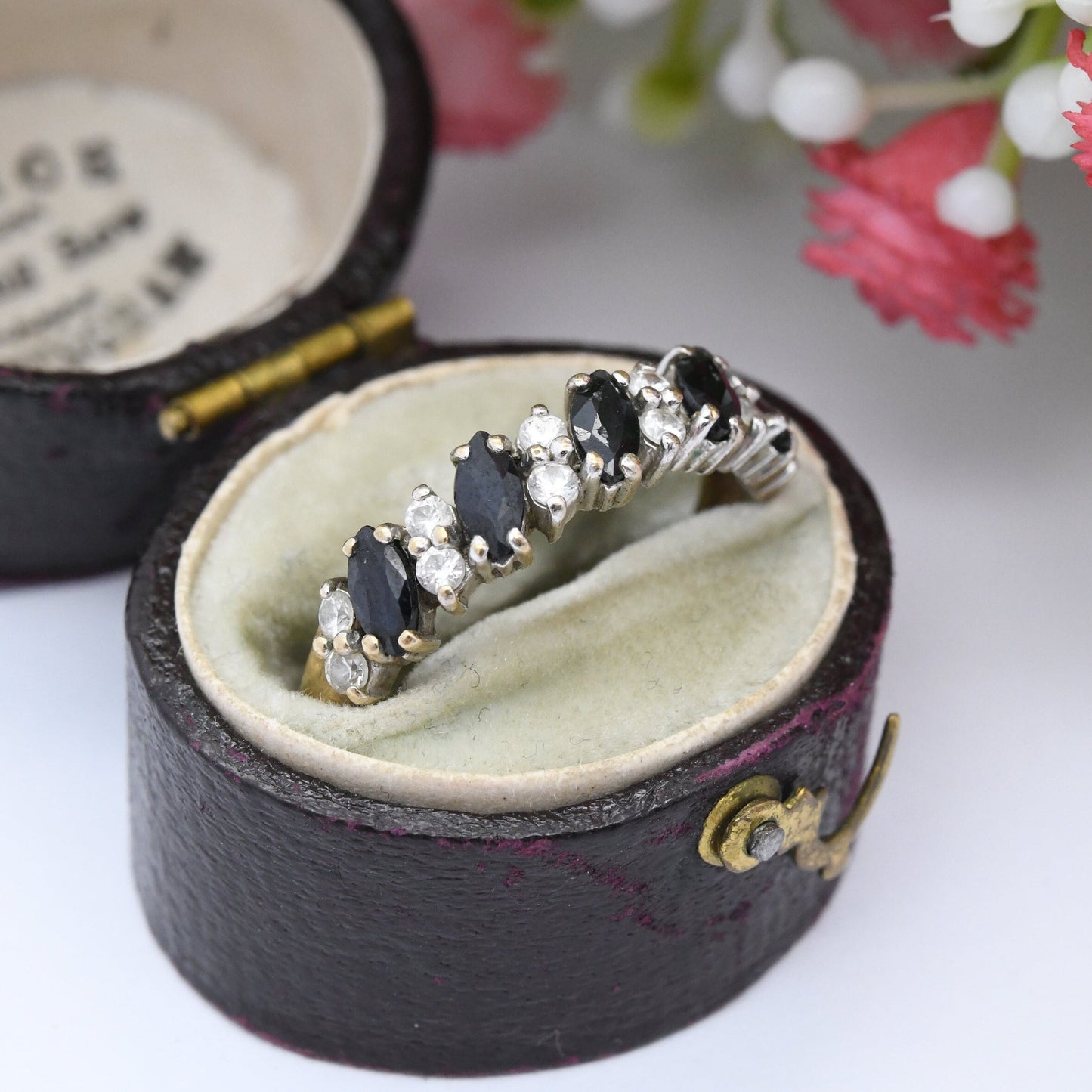 Vintage 9ct Gold Sapphire CZ Half Eternity Ring 1987 - Blue Gemstone Band Ring | UK Size - Q | US Size - 8