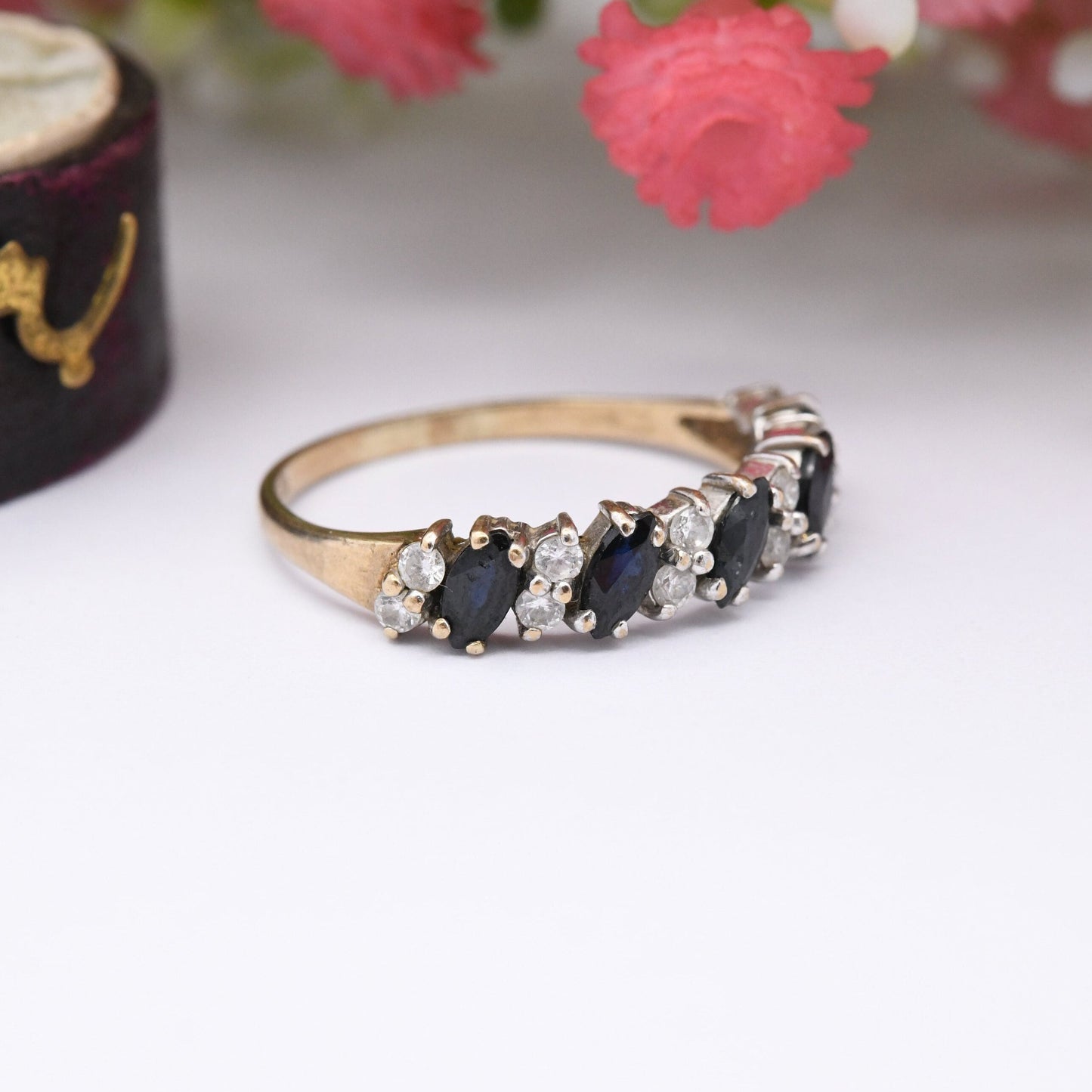 Vintage 9ct Gold Sapphire CZ Half Eternity Ring 1987 - Blue Gemstone Band Ring | UK Size - Q | US Size - 8