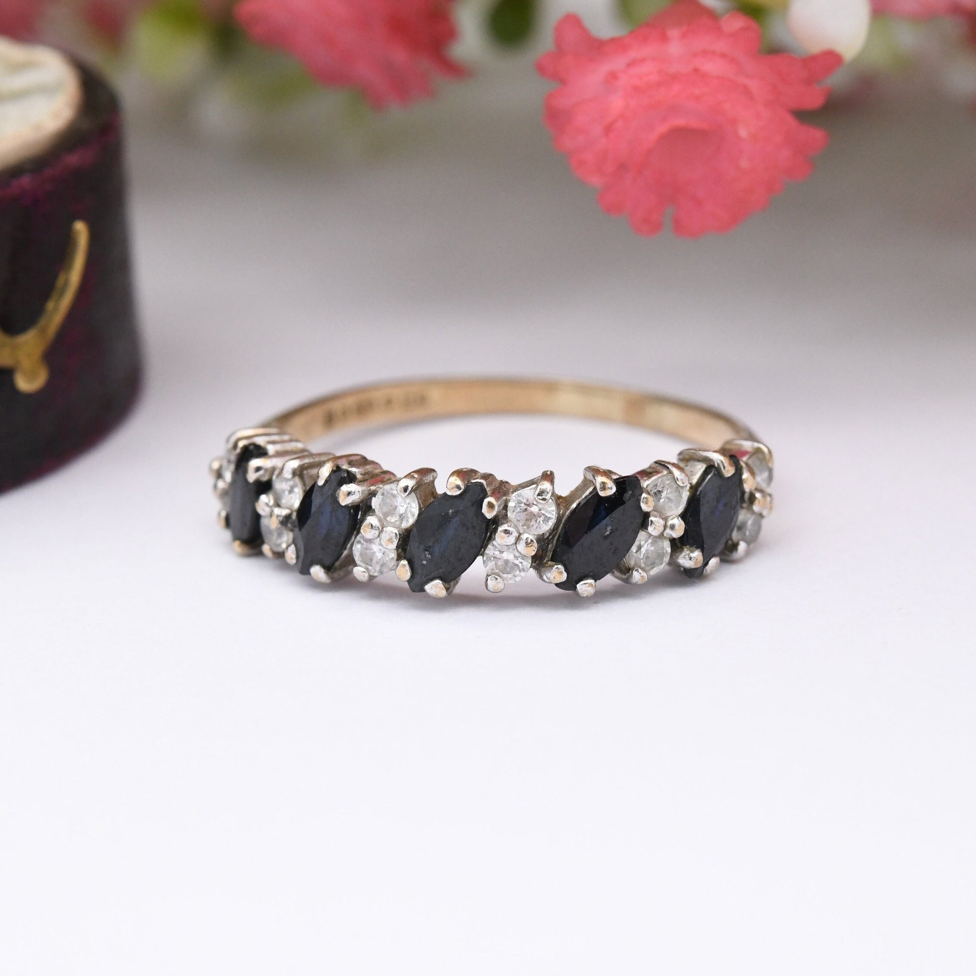 Vintage 9ct Gold Sapphire CZ Half Eternity Ring 1987 - Blue Gemstone Band Ring | UK Size - Q | US Size - 8