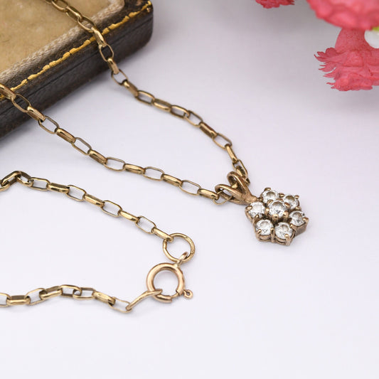 Vintage 9ct Gold Flower Pendant Necklace on Cable Link Chain 1991 with Clear Stones