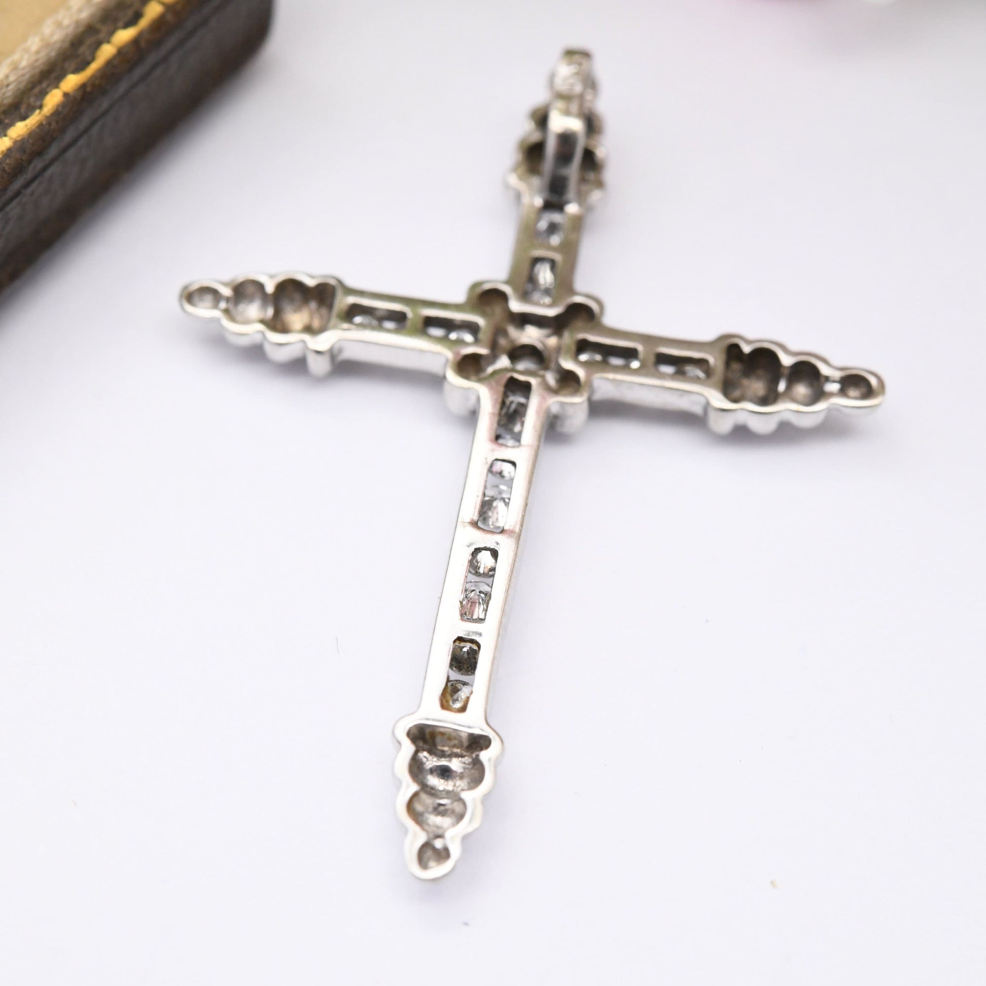 Vintage 9ct White Gold Diamond Cross Pendant with 17 Diamonds - Channel Set