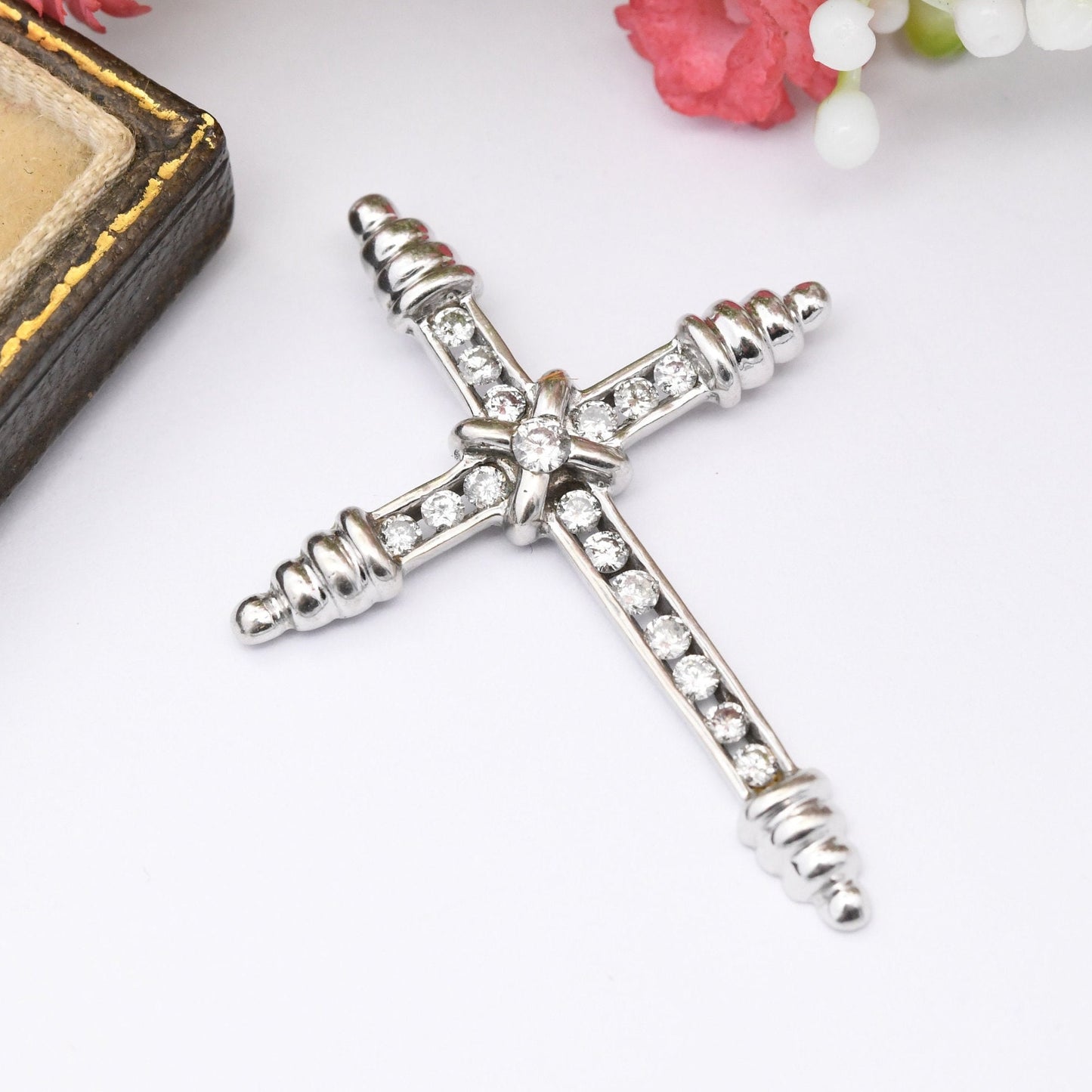 Vintage 9ct White Gold Diamond Cross Pendant with 17 Diamonds - Channel Set