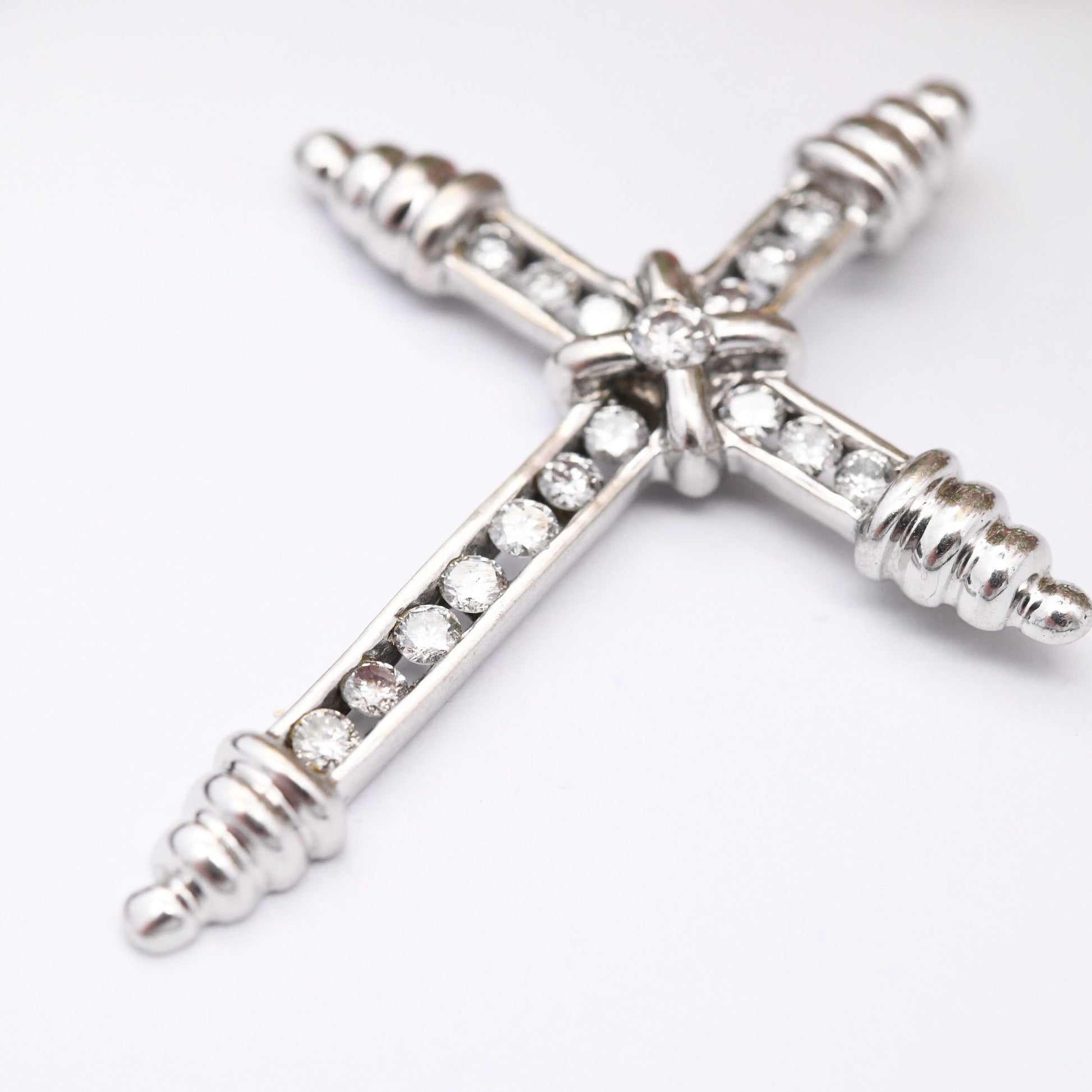 Vintage 9ct White Gold Diamond Cross Pendant with 17 Diamonds - Channel Set