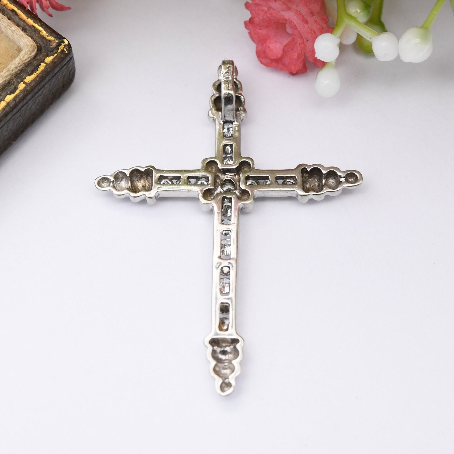 Vintage 9ct White Gold Diamond Cross Pendant with 17 Diamonds - Channel Set