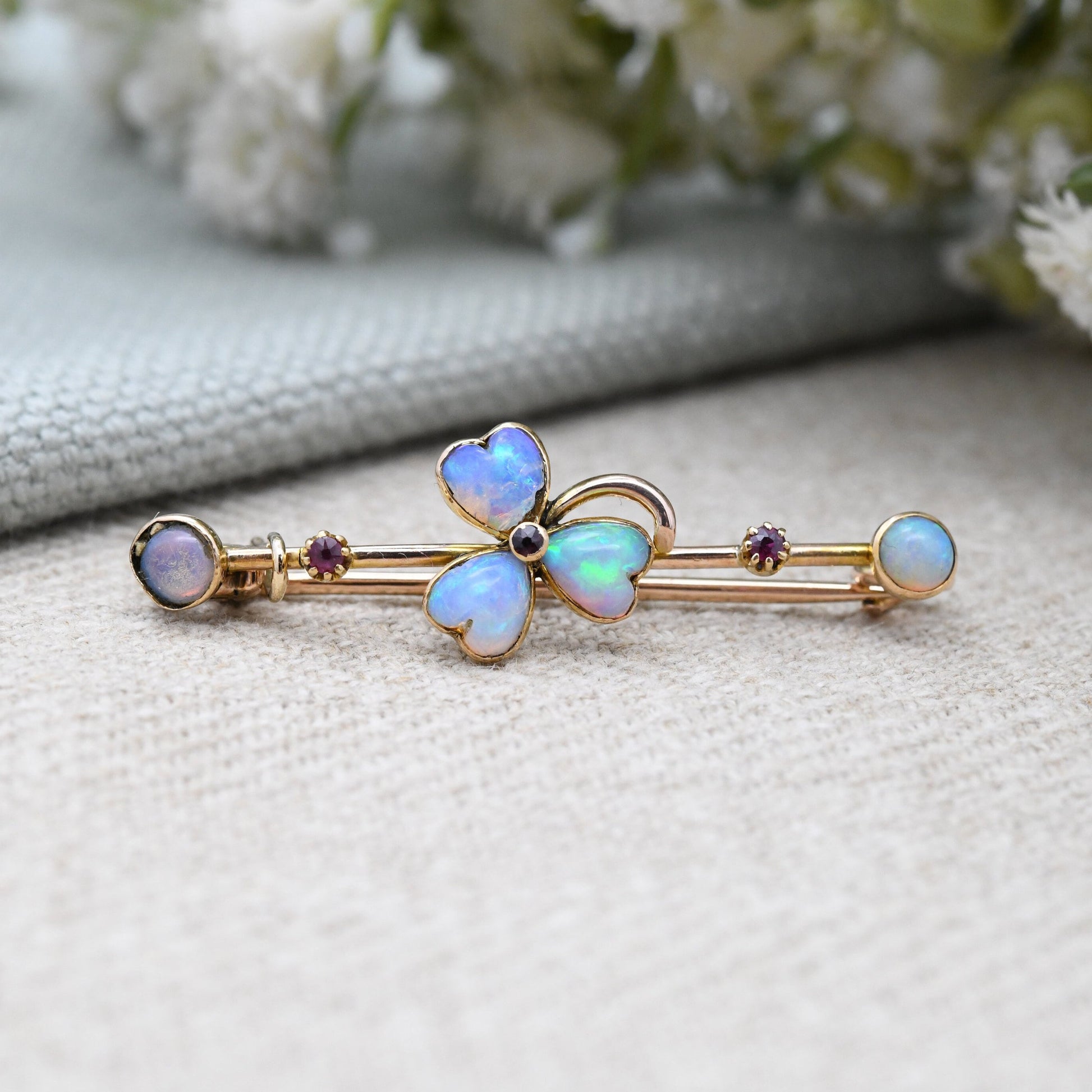 Antique 9ct Gold Opal and Ruby Clover Brooch - Lucky Three Leaf Clover Shamrock | Blue and Red Stones | Edwardian Bar Brooch