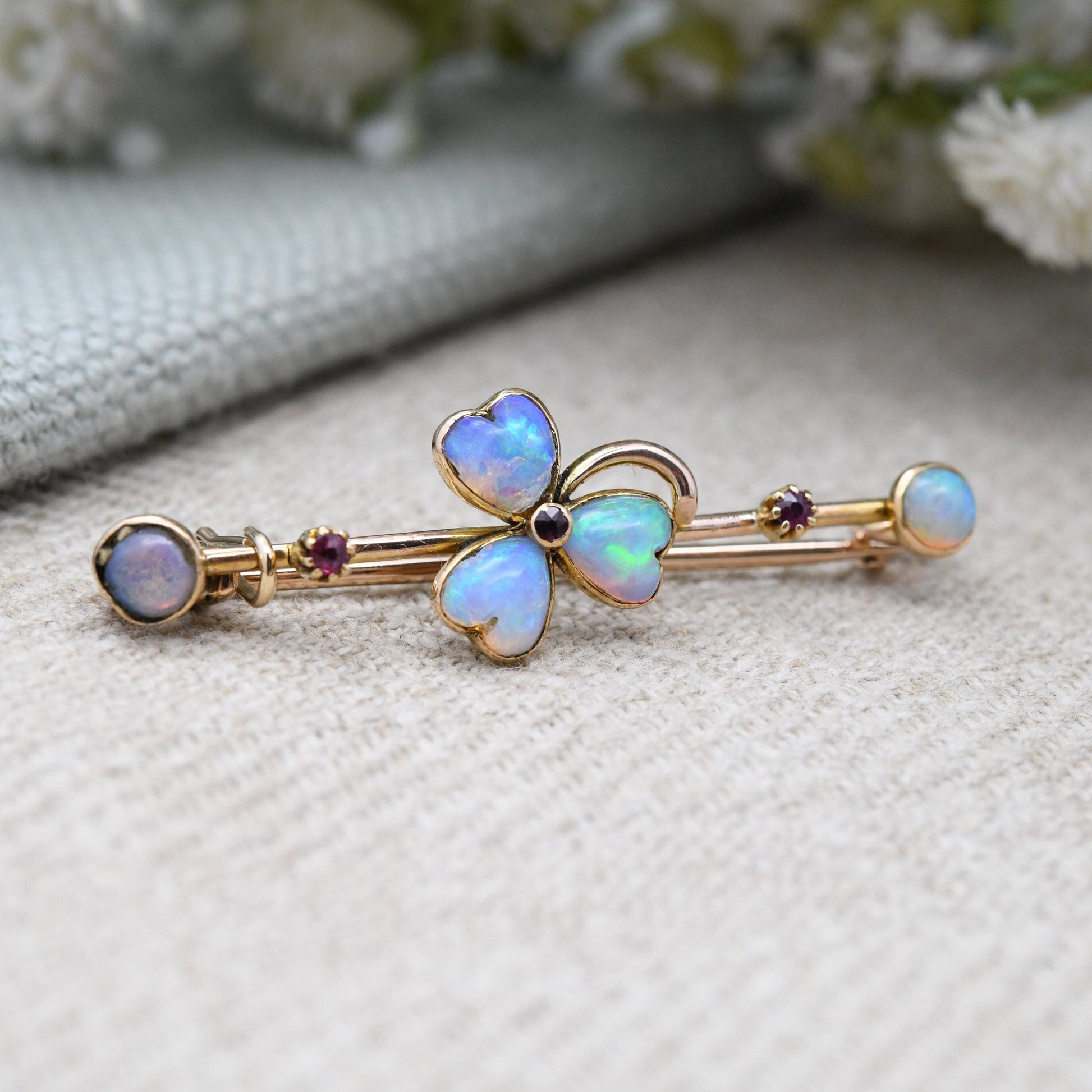 Antique 9ct Gold Opal and Ruby Clover Brooch - Lucky Three Leaf Clover Shamrock | Blue and Red Stones | Edwardian Bar Brooch