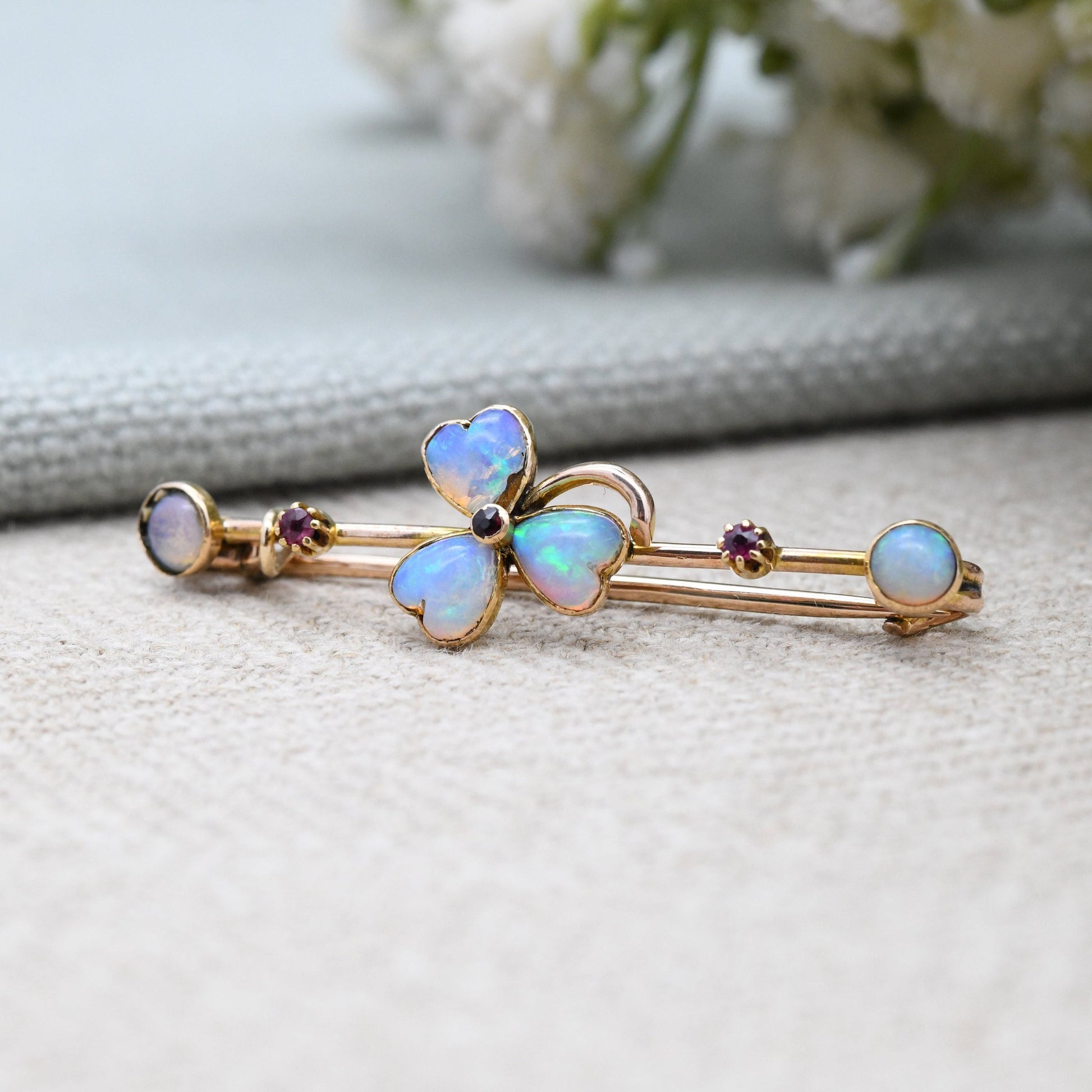 Antique 9ct Gold Opal and Ruby Clover Brooch - Lucky Three Leaf Clover Shamrock | Blue and Red Stones | Edwardian Bar Brooch