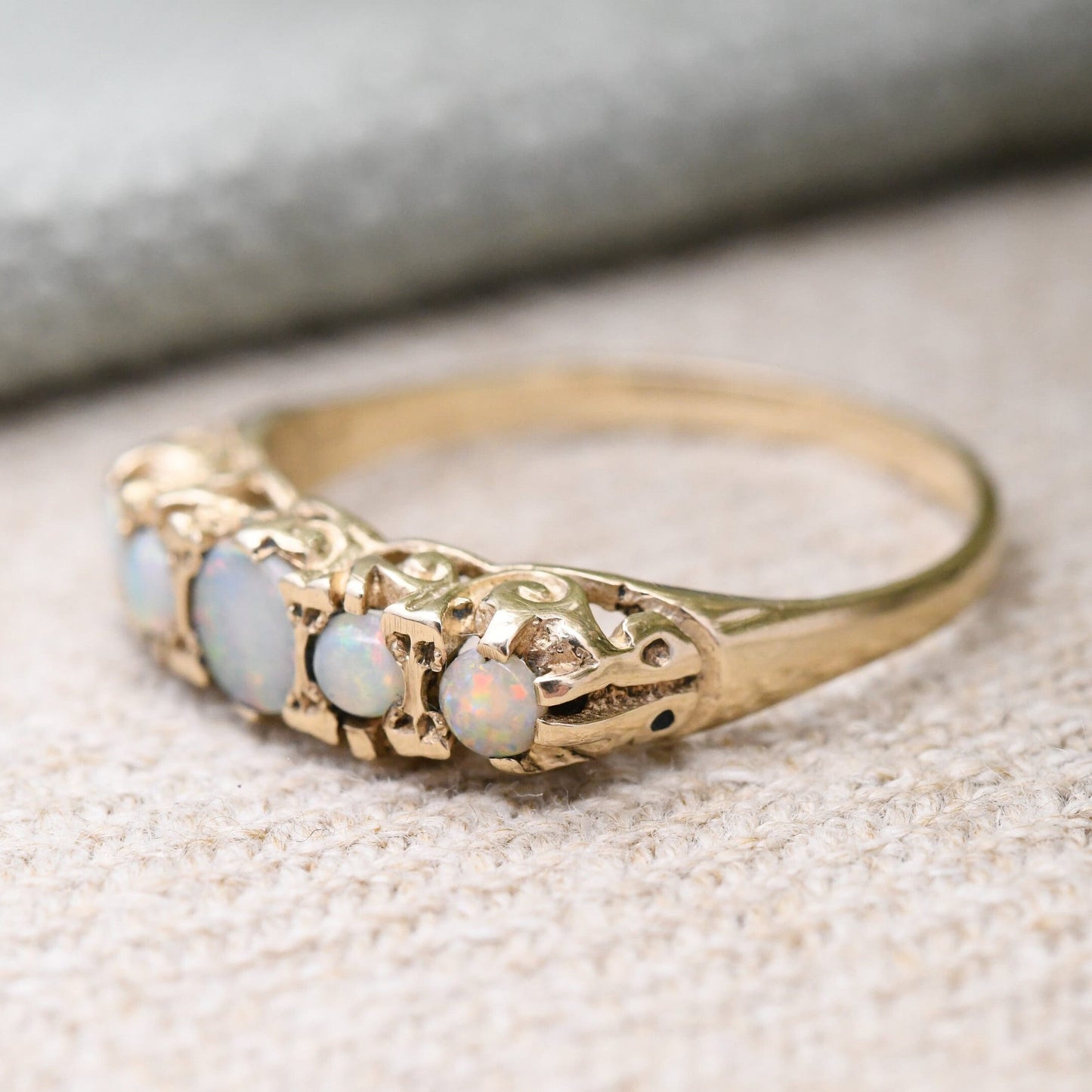 Vintage 9ct Gold Opal Statement Ring - Mid-Century Victorian Revival Five Stone Ring | UK Size - N 1/2 | US Size - 7