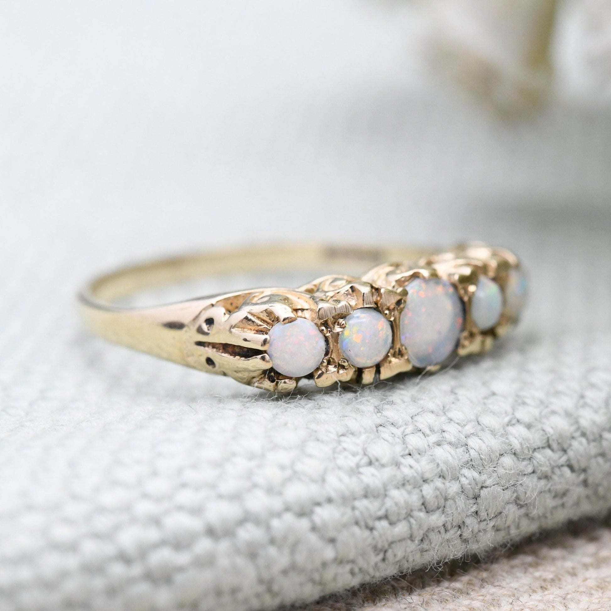 Vintage 9ct Gold Opal Statement Ring - Mid-Century Victorian Revival Five Stone Ring | UK Size - N 1/2 | US Size - 7