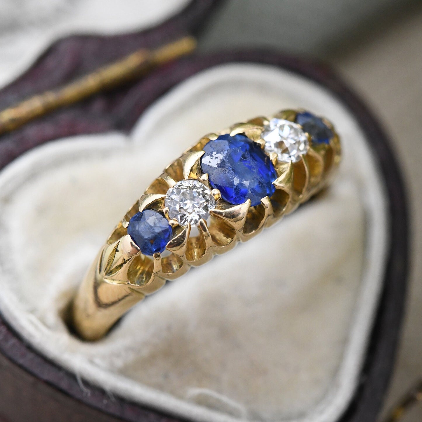 Antique 18ct Gold Sapphire and Diamond Ring - Edwardian Five Stone Engagement Ring | UK Size - M | US Size - 6 1/4