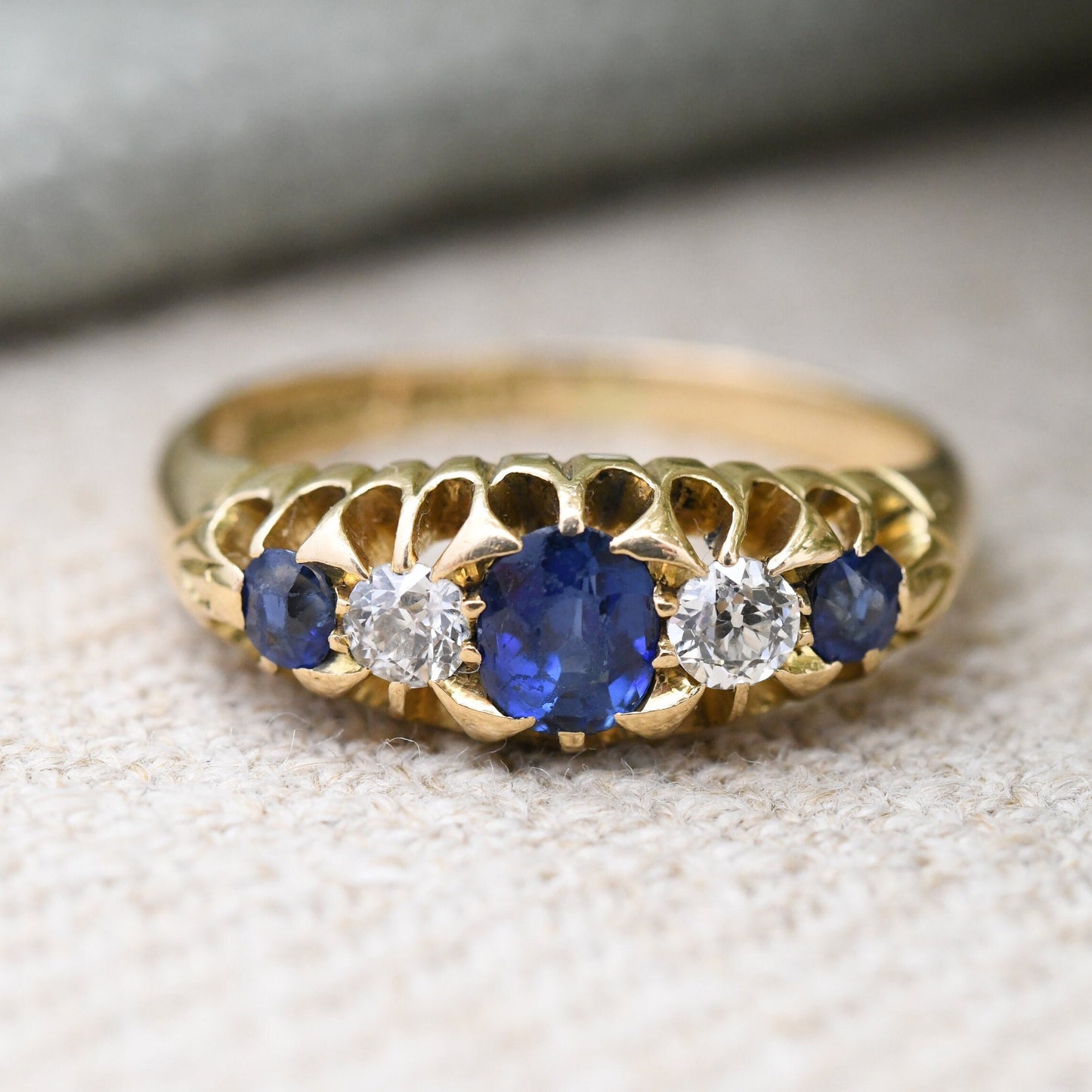 Antique 18ct Gold Sapphire and Diamond Ring - Edwardian Five Stone Engagement Ring | UK Size - M | US Size - 6 1/4