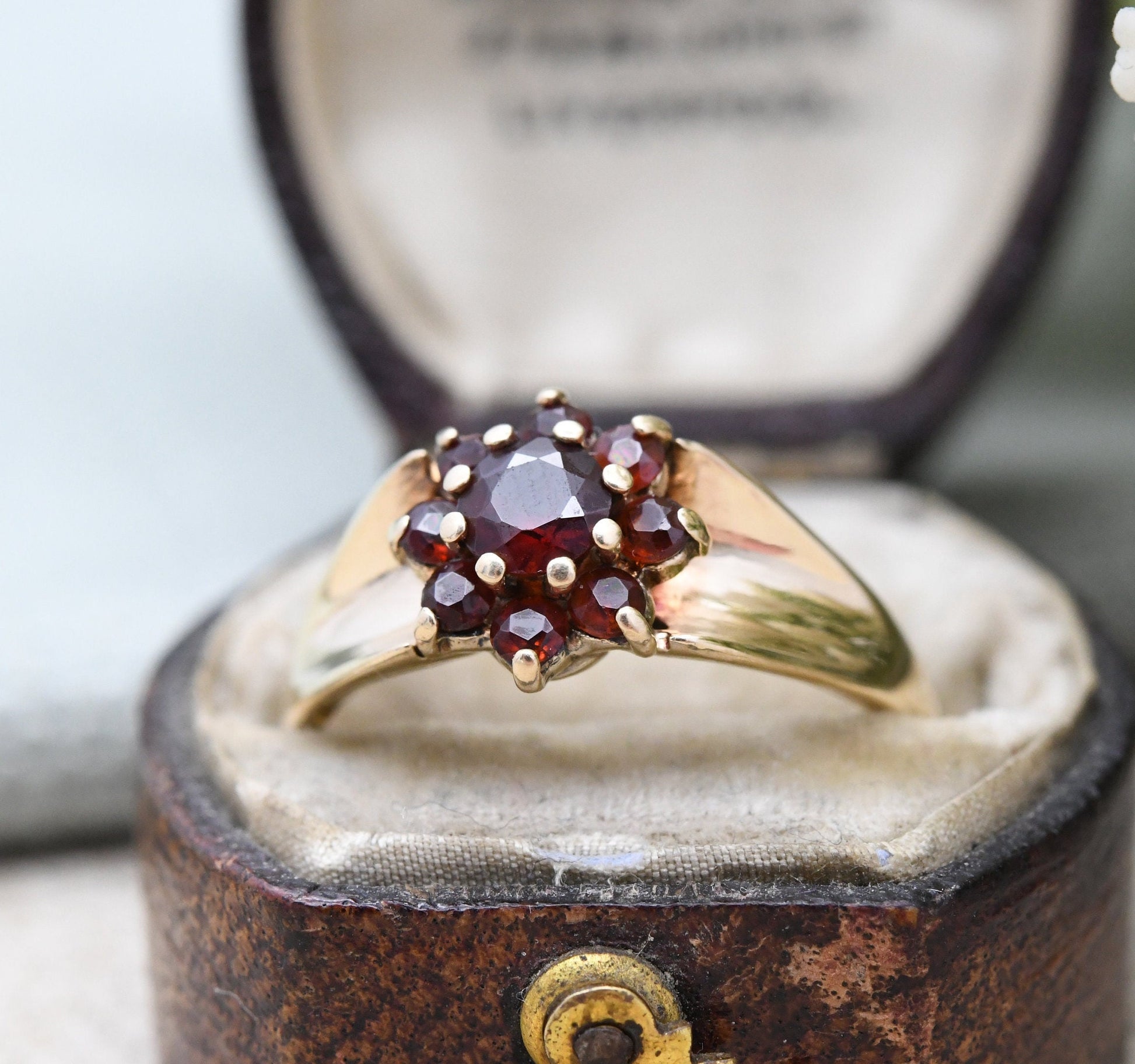 Vintage 9ct Gold Garnet Flower Ring 1977 - Mid-Century Victorian Revival | UK Size - P | US Size - 7 1/2