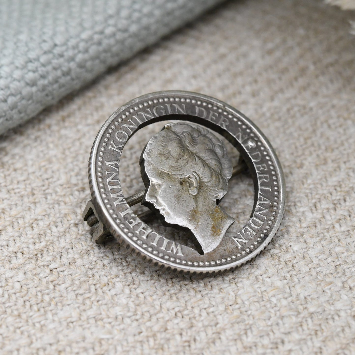 Antique Silver Netherlands Coin Brooch 1921 Wilhelmina Koningin 1/2 Gulden - Cut Out Dutch Silver Coin Jewellery