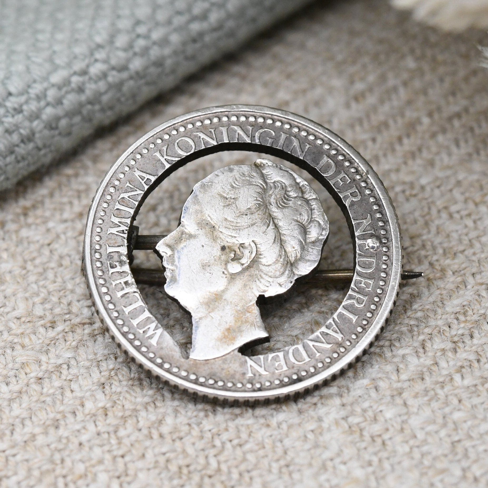 Antique Silver Netherlands Coin Brooch 1921 Wilhelmina Koningin 1/2 Gulden - Cut Out Dutch Silver Coin Jewellery