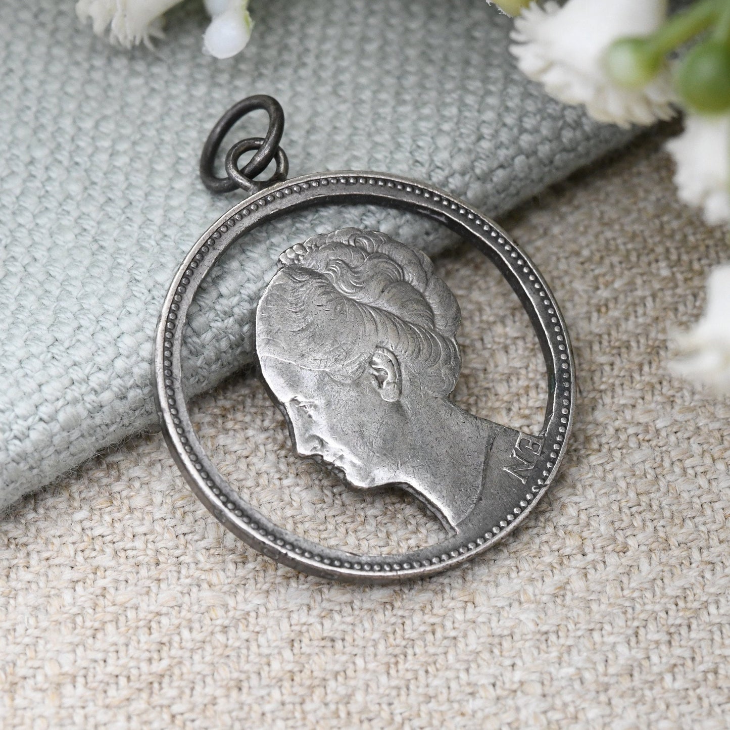 Vintage Silver Wilhelmina Netherlands 1 Gulden Cut Coin Pendant - Pierced Dutch Silver Coin Jewellery