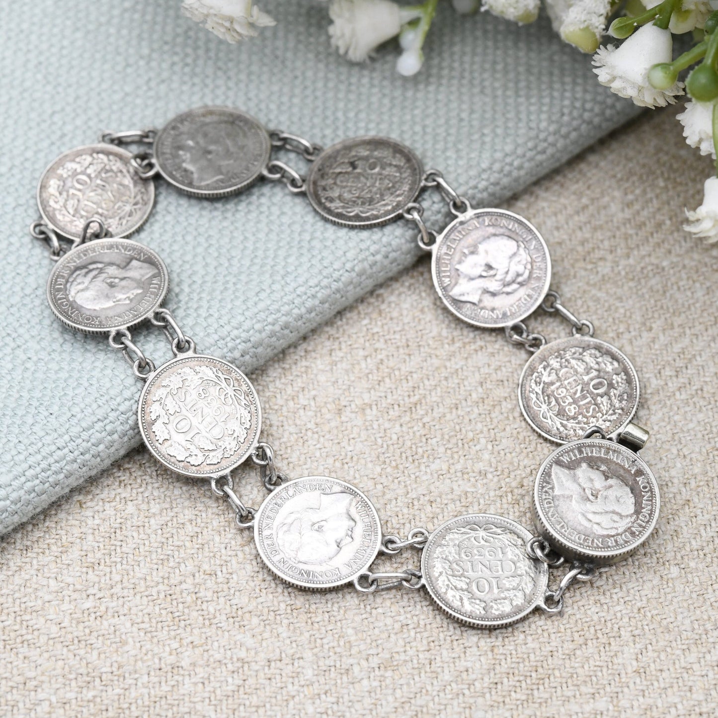 Vintage Silver Wilhelmina Koningin Dutch Coin Bracelet 1930s 1940s - Queen of the Netherlands Silver Coin Jewellery