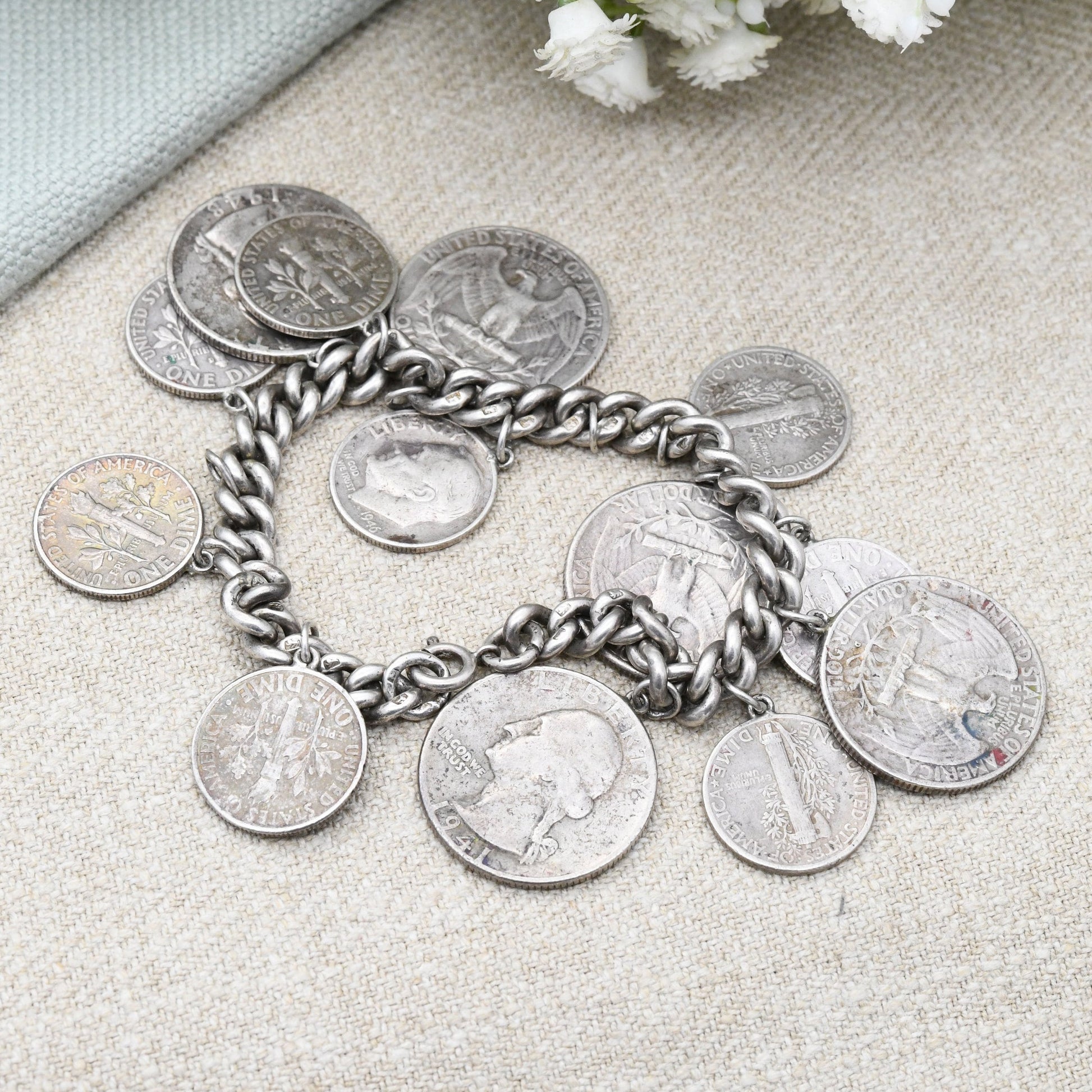 Vintage American Silver Coin Charm Bracelet - 1941 Washington Quarter Dollar | 1942 Mercury One Dime 1952 Roosevelt Dime | Curb Link