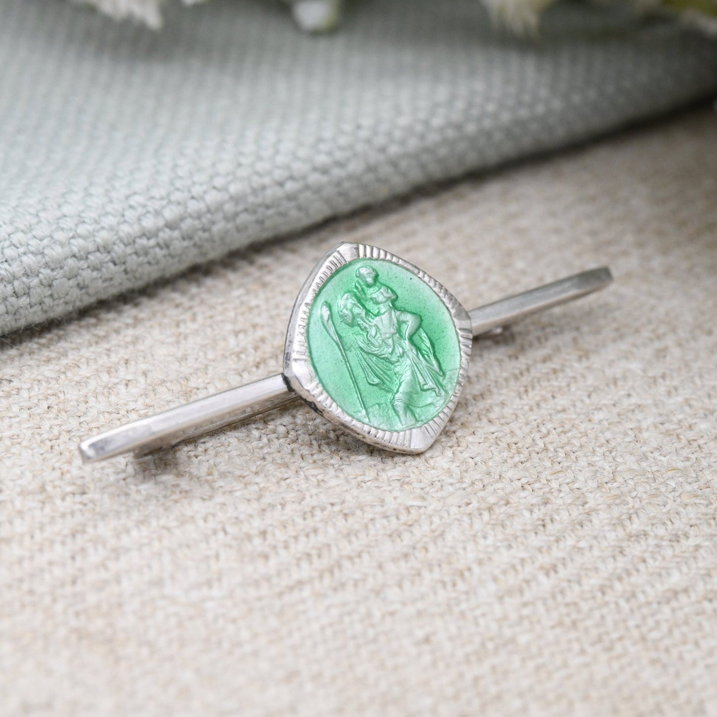 Vintage Sterling Silver Enamel St Christopher Bar Brooch - Saint of Travel | Religious Statement | Green