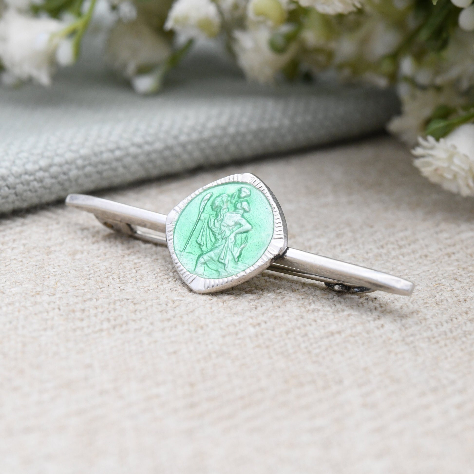 Vintage Sterling Silver Enamel St Christopher Bar Brooch - Saint of Travel | Religious Statement | Green