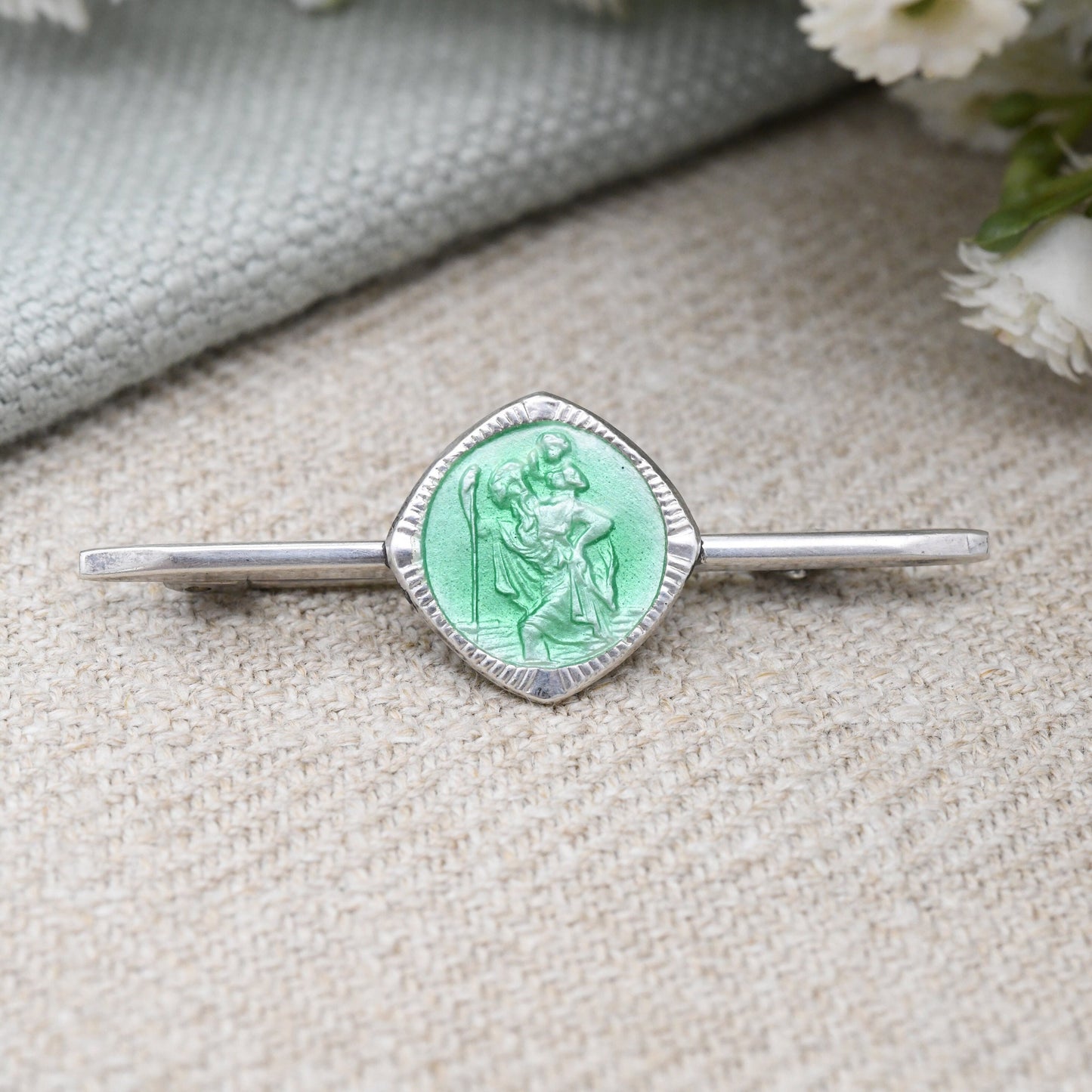 Vintage Sterling Silver Enamel St Christopher Bar Brooch - Saint of Travel | Religious Statement | Green