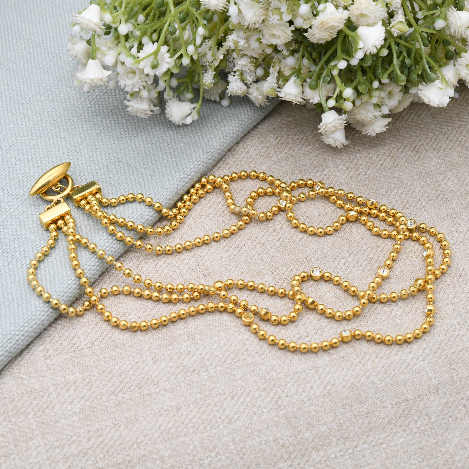 Vintage Monet Multi-Strand Necklace - Gold Tone Bead and Crystal | Mid-Century Costume Jewellery