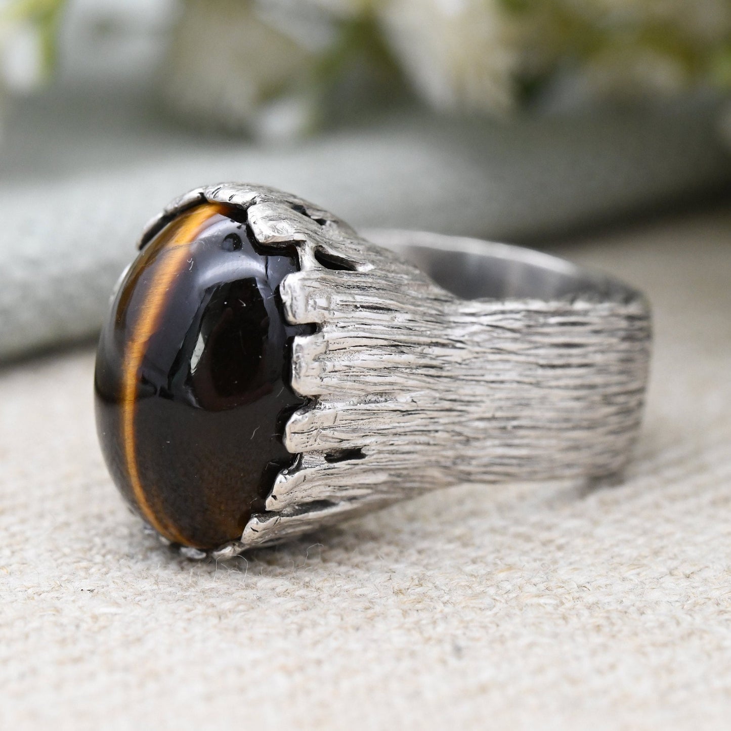 Vintage Sterling Silver Cabochon Tiger's Eye Ring 1969 by Albion Craft Co - Mid-Century Modern Textured | UK Size - K | US Size - 5 1/4