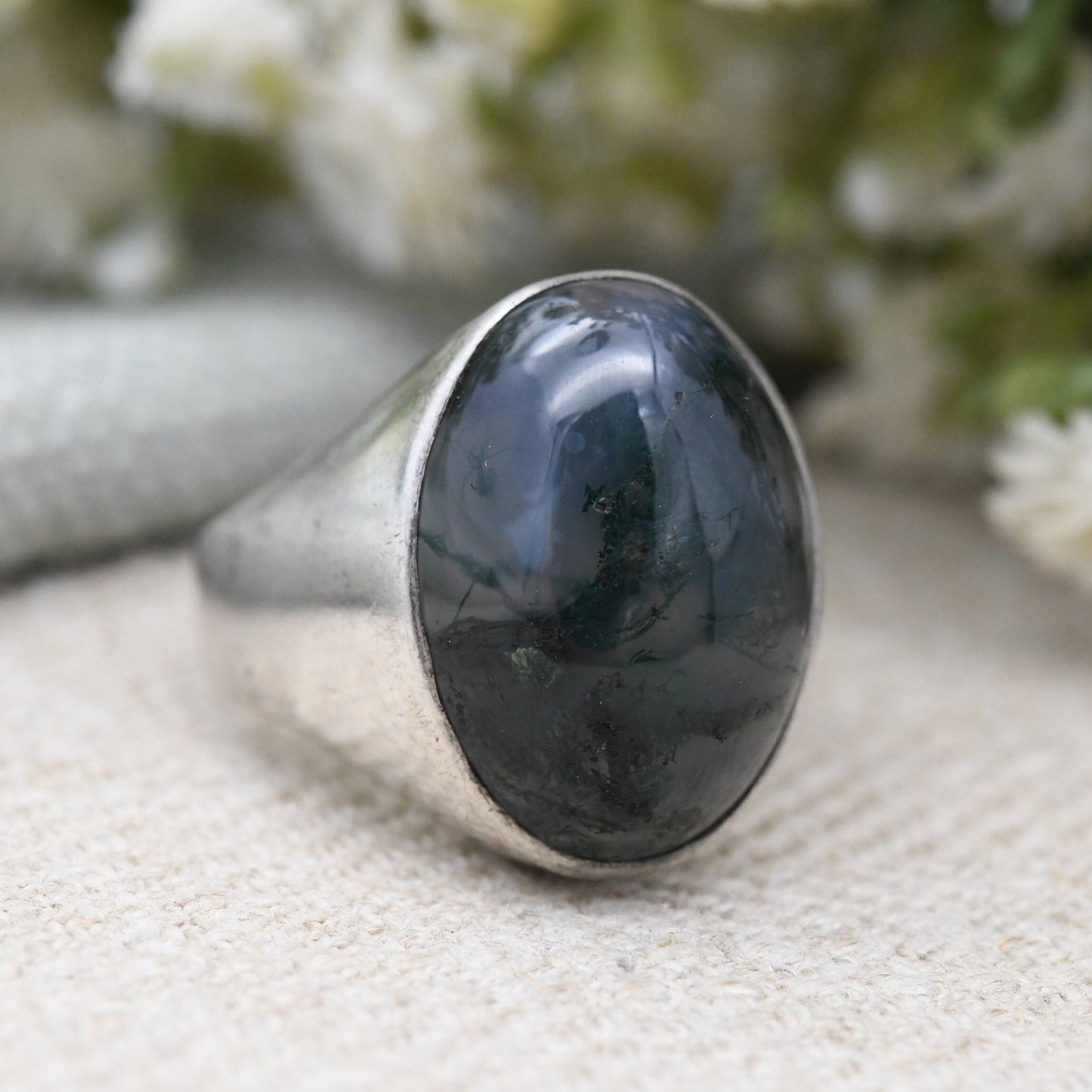 Vintage Sterling Silver Moss Agate Ring 1974 - Large Statement Mid-Century Modernist Ring | UK Size - O | US Size - 7 1/4