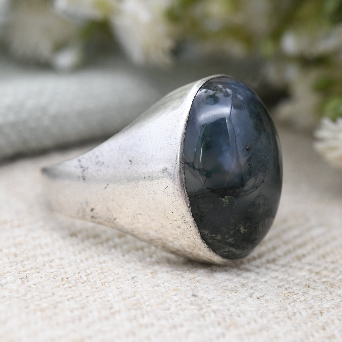 Vintage Sterling Silver Moss Agate Ring 1974 - Large Statement Mid-Century Modernist Ring | UK Size - O | US Size - 7 1/4