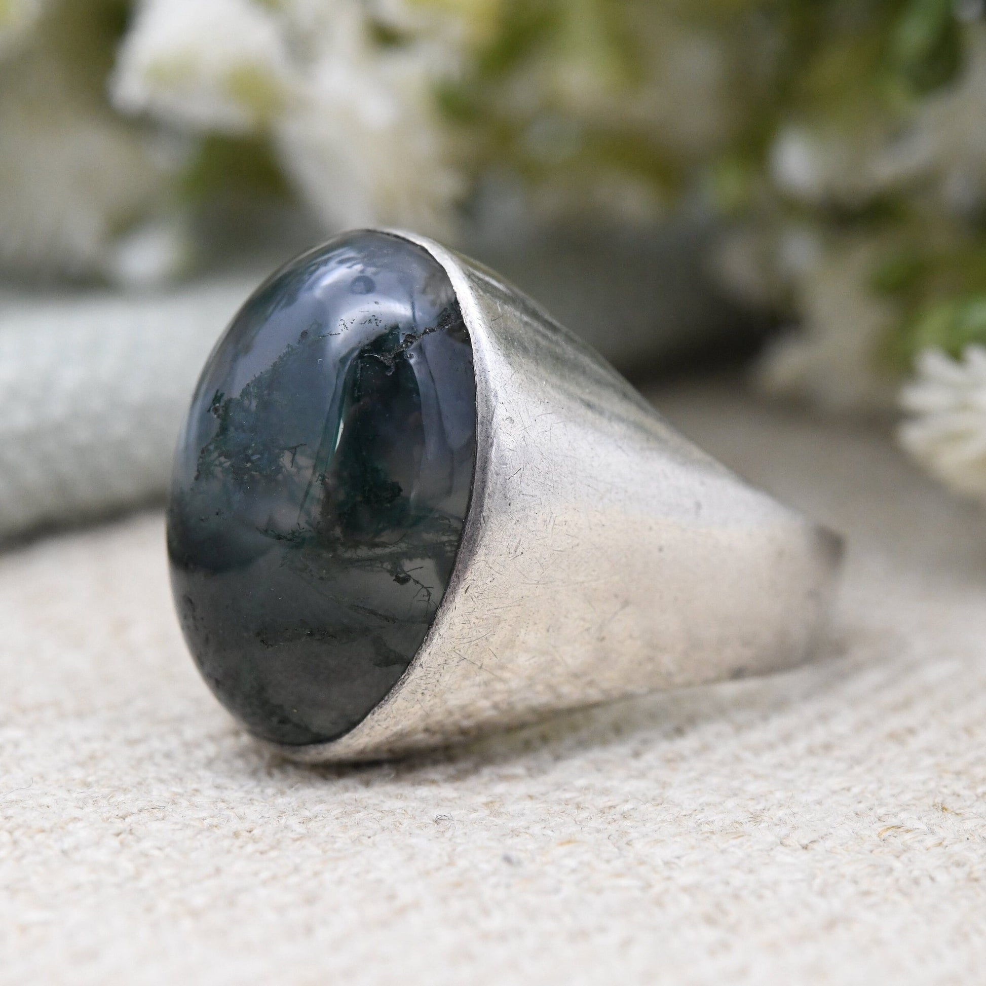 Vintage Sterling Silver Moss Agate Ring 1974 - Large Statement Mid-Century Modernist Ring | UK Size - O | US Size - 7 1/4