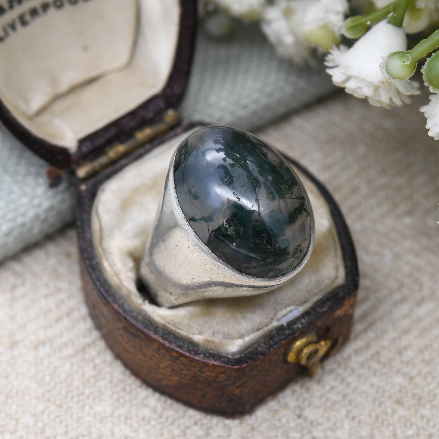 Vintage Sterling Silver Moss Agate Ring 1974 - Large Statement Mid-Century Modernist Ring | UK Size - O | US Size - 7 1/4