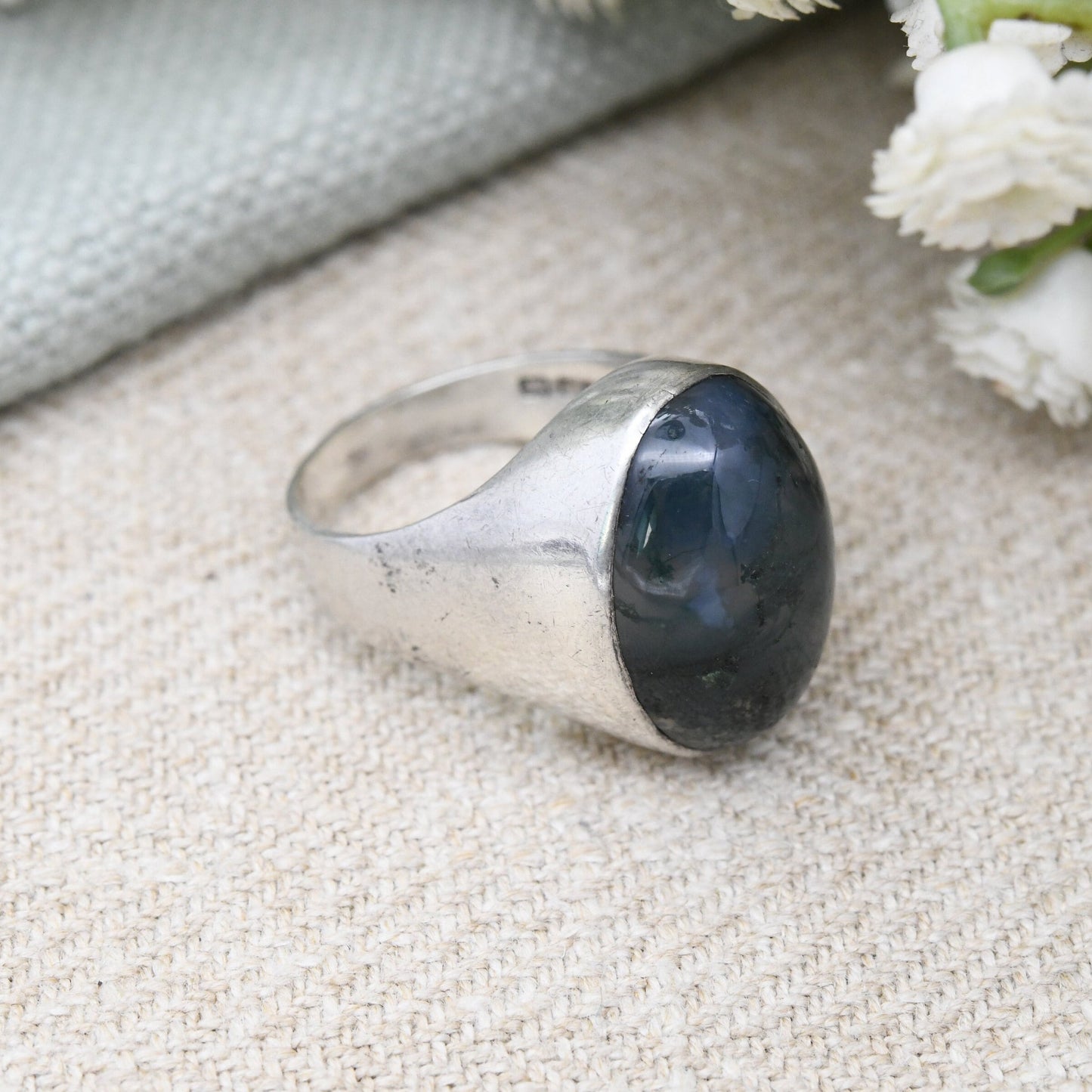 Vintage Sterling Silver Moss Agate Ring 1974 - Large Statement Mid-Century Modernist Ring | UK Size - O | US Size - 7 1/4