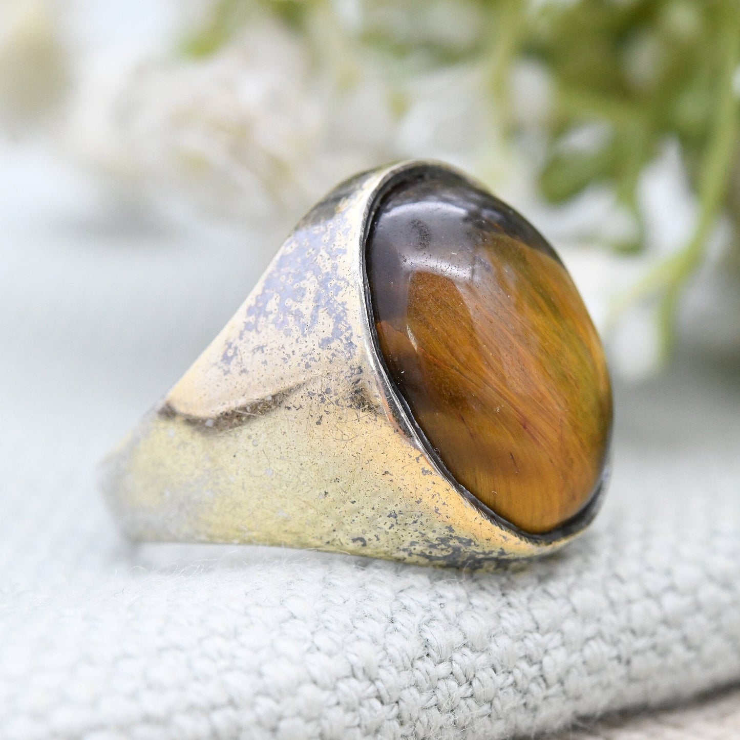 Vintage Sterling Silver Tiger's Eye Ring - Mid-Century Modernist | Oval Cabochon | UK Size - O | US Size - 7 1/4