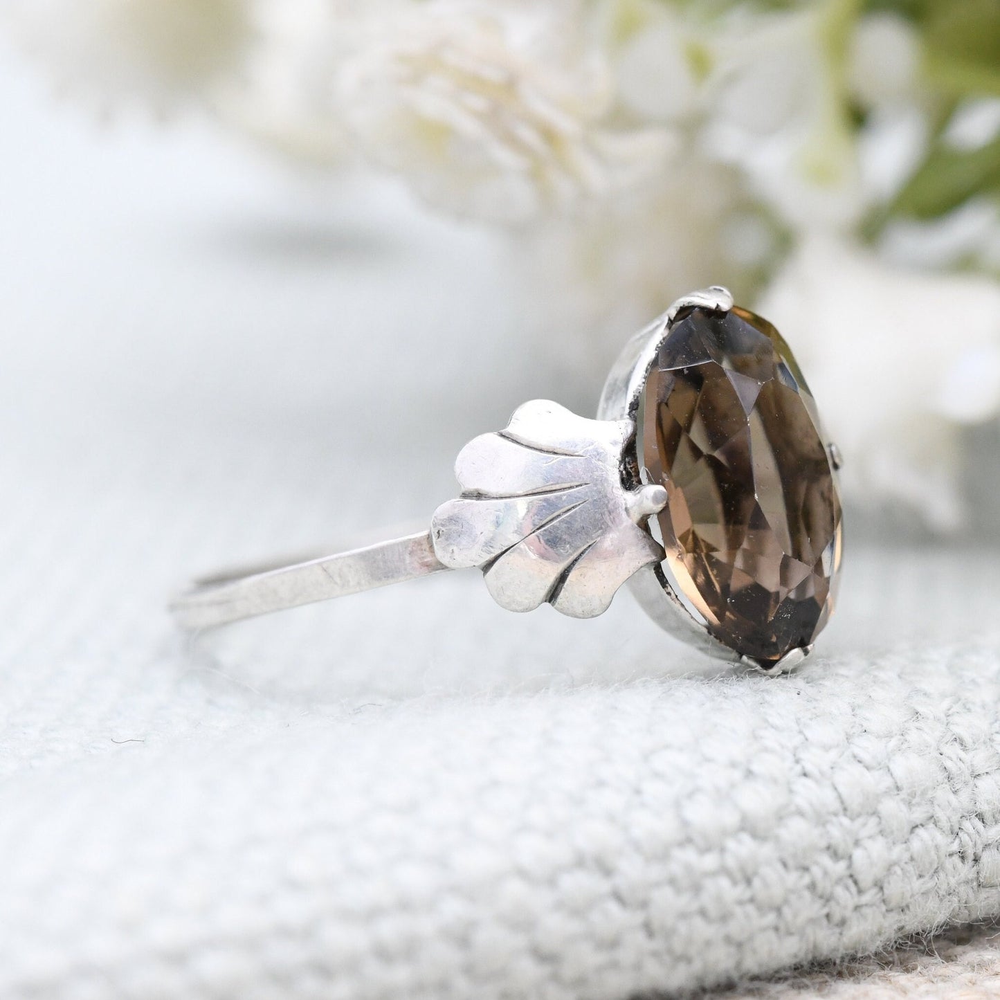 Vintage Art Deco Sterling Silver Smoky Quartz Ring - Statement Cocktail Ring | Fan Setting | UK Size - P 1/2 | US Size - 7 3/4