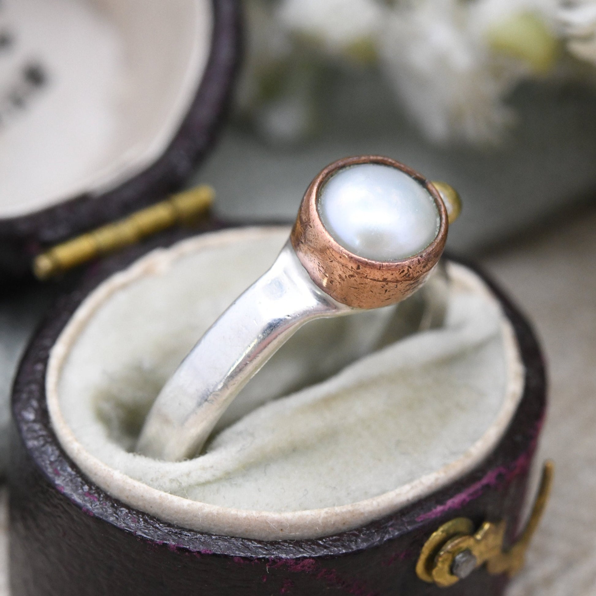 Vintage Janina Nielsen Sterling Silver Ring with Pearl Copper Brass - Modernist Danish Designer | UK Size - O 1/2 | US Size - 7 1/2