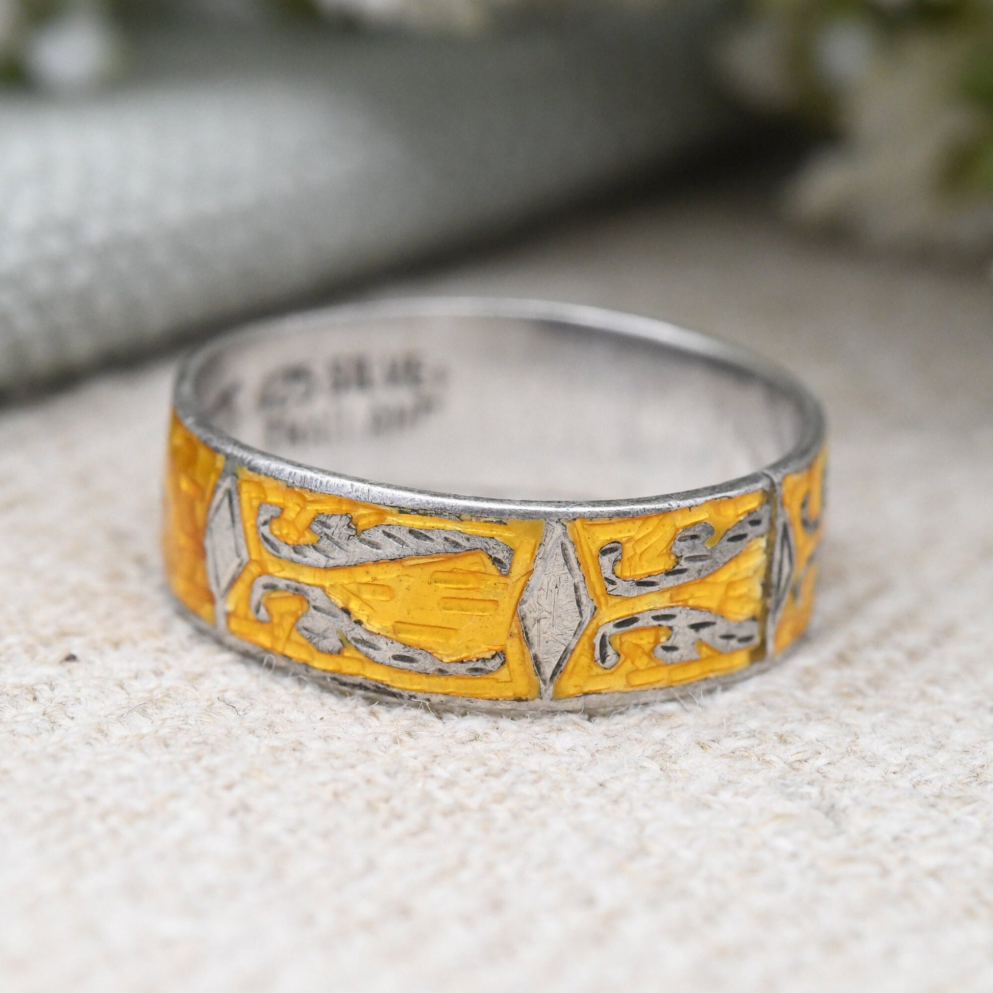 Vintage Thailand Sterling Silver Yellow Enamel Band Ring - Mekhala Goddess of Lightening | Engraved | UK Size - Q 1/2 | US Size - 8 1/4