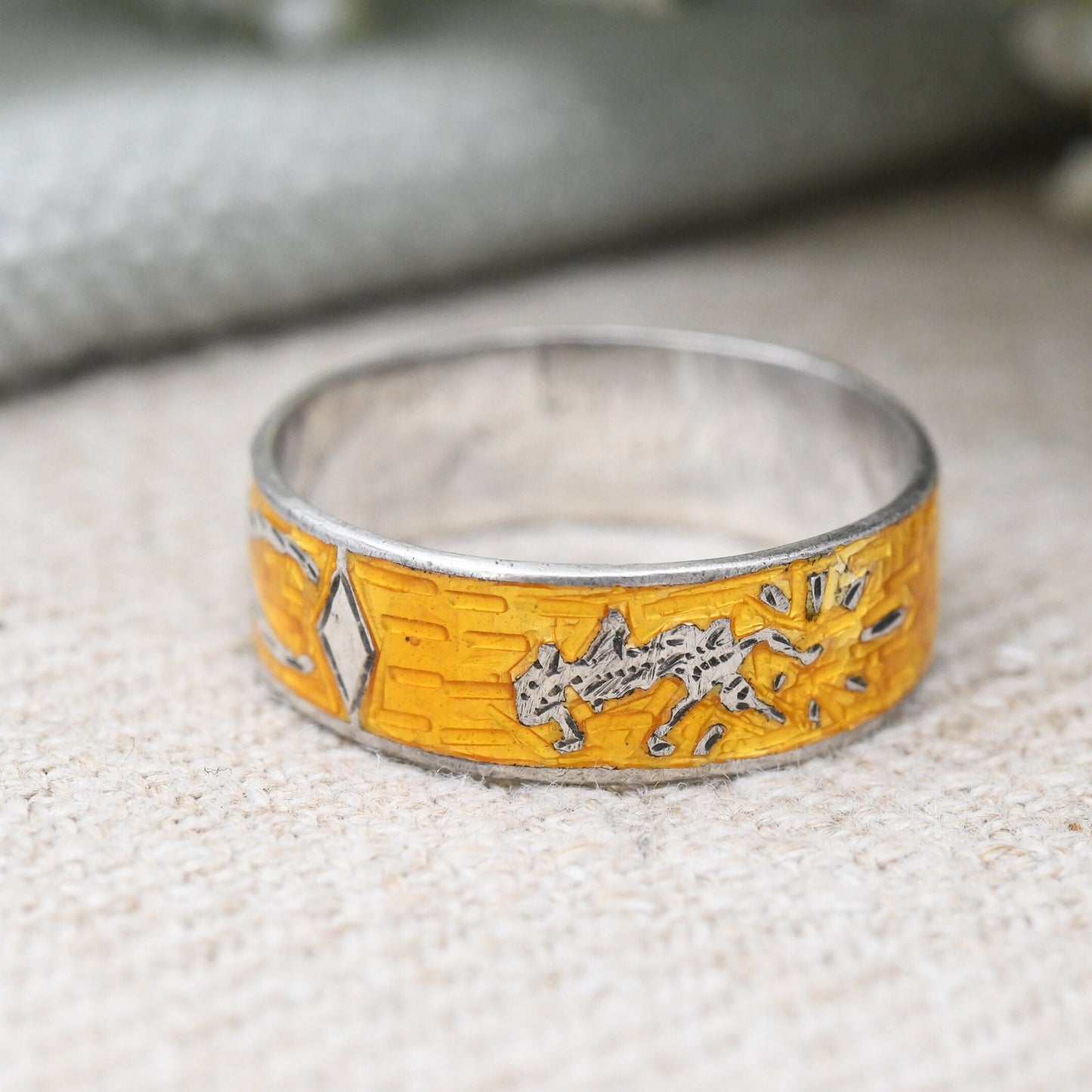 Vintage Thailand Sterling Silver Yellow Enamel Band Ring - Mekhala Goddess of Lightening | Engraved | UK Size - Q 1/2 | US Size - 8 1/4