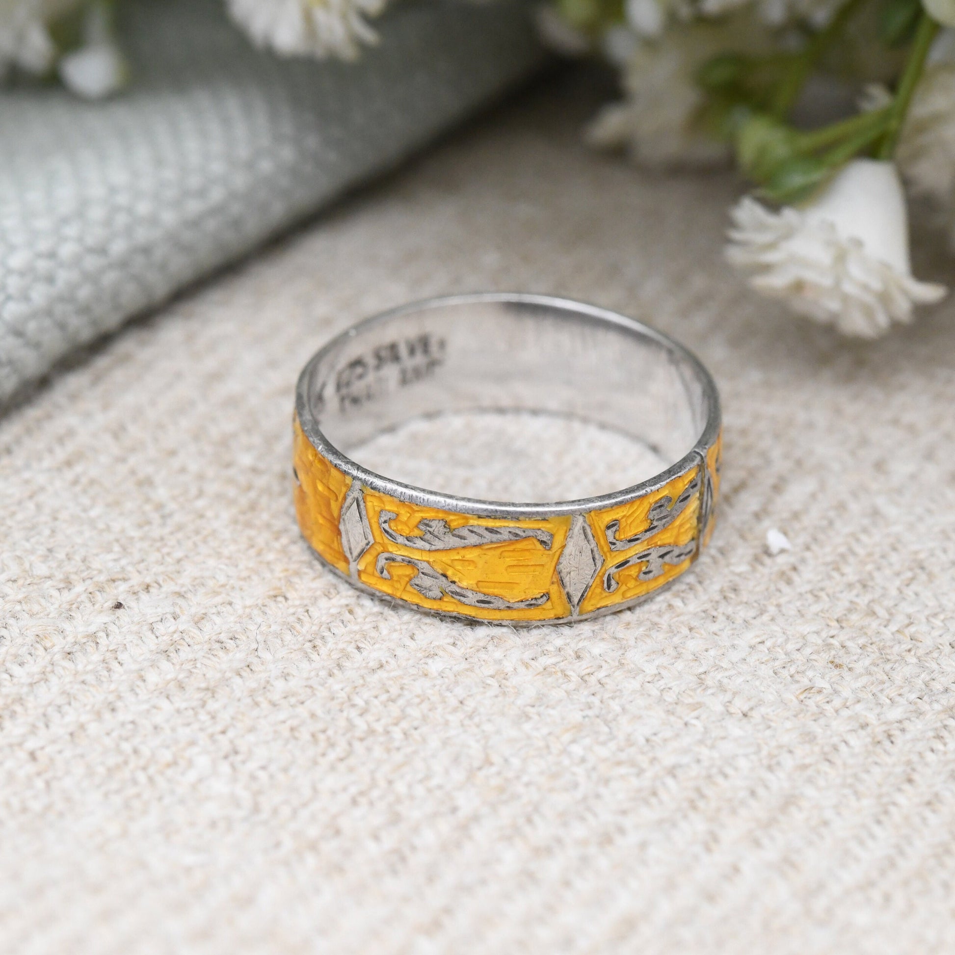 Vintage Thailand Sterling Silver Yellow Enamel Band Ring - Mekhala Goddess of Lightening | Engraved | UK Size - Q 1/2 | US Size - 8 1/4