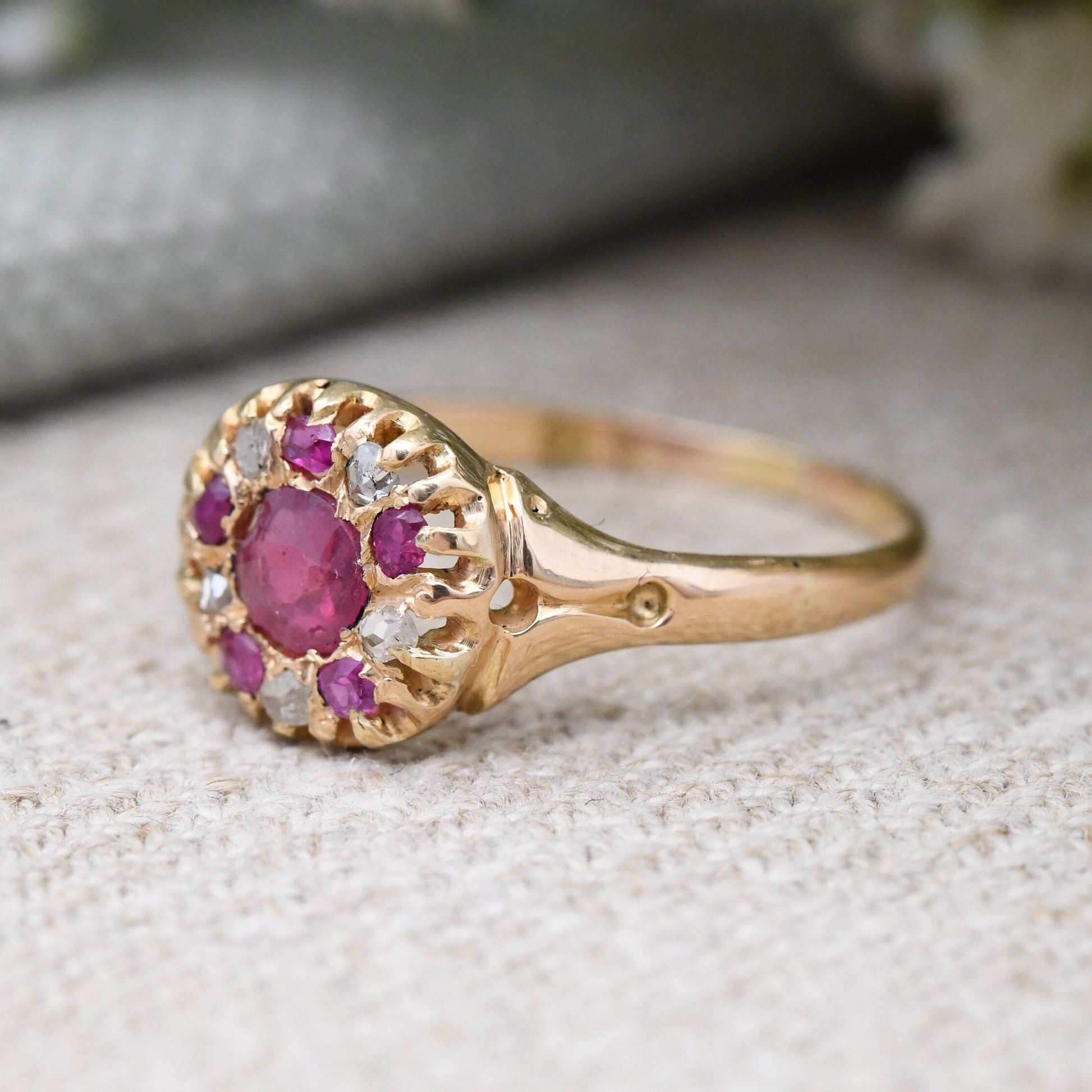 Antique Victorian 18ct Gold Ruby Diamond Ring - UK Size - Q | US Size - 8