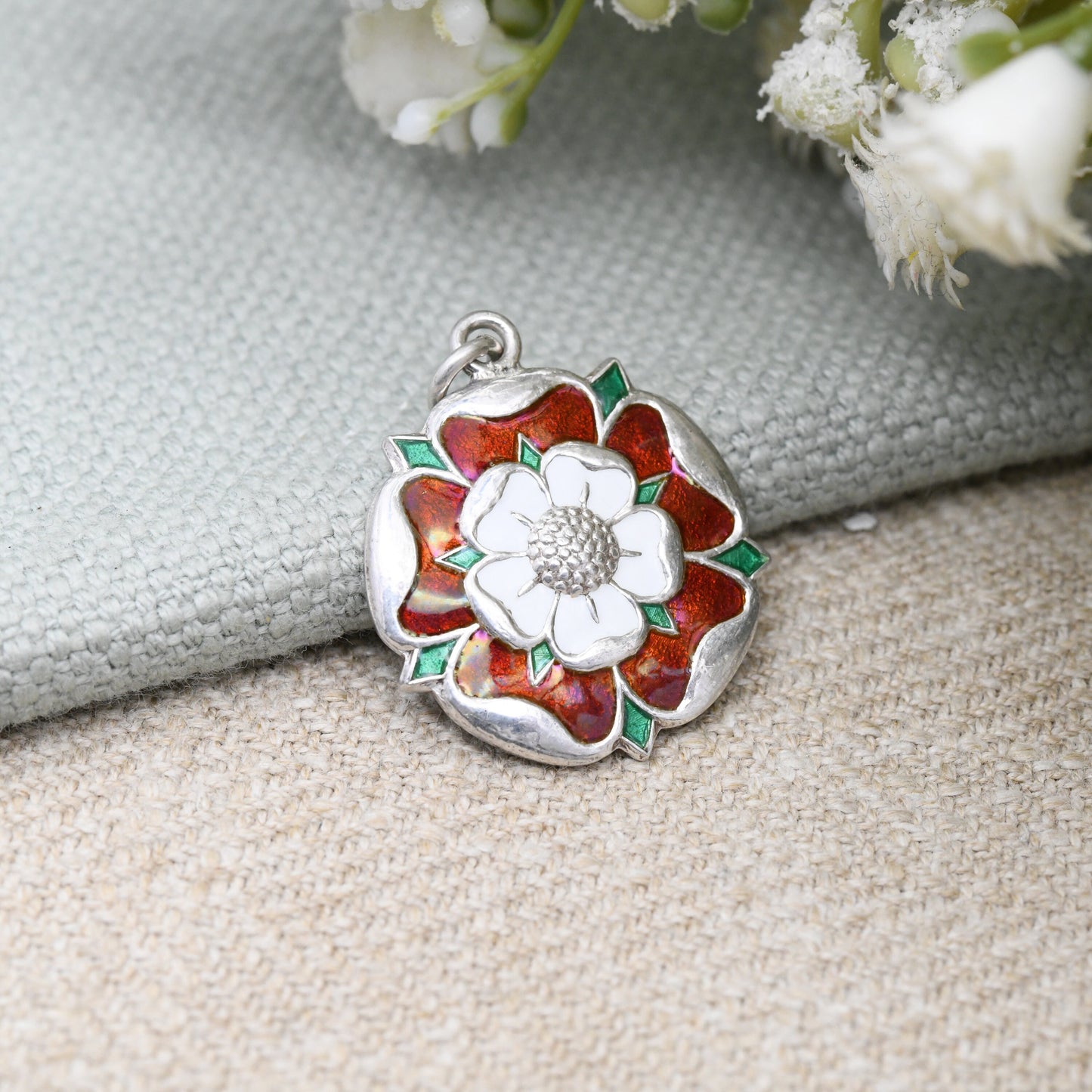 Vintage Sterling Silver Tudor Rose Enamel Pendant 1986 by Deakin and Francis - England Red and White Rose | Oversized Charm | D&F