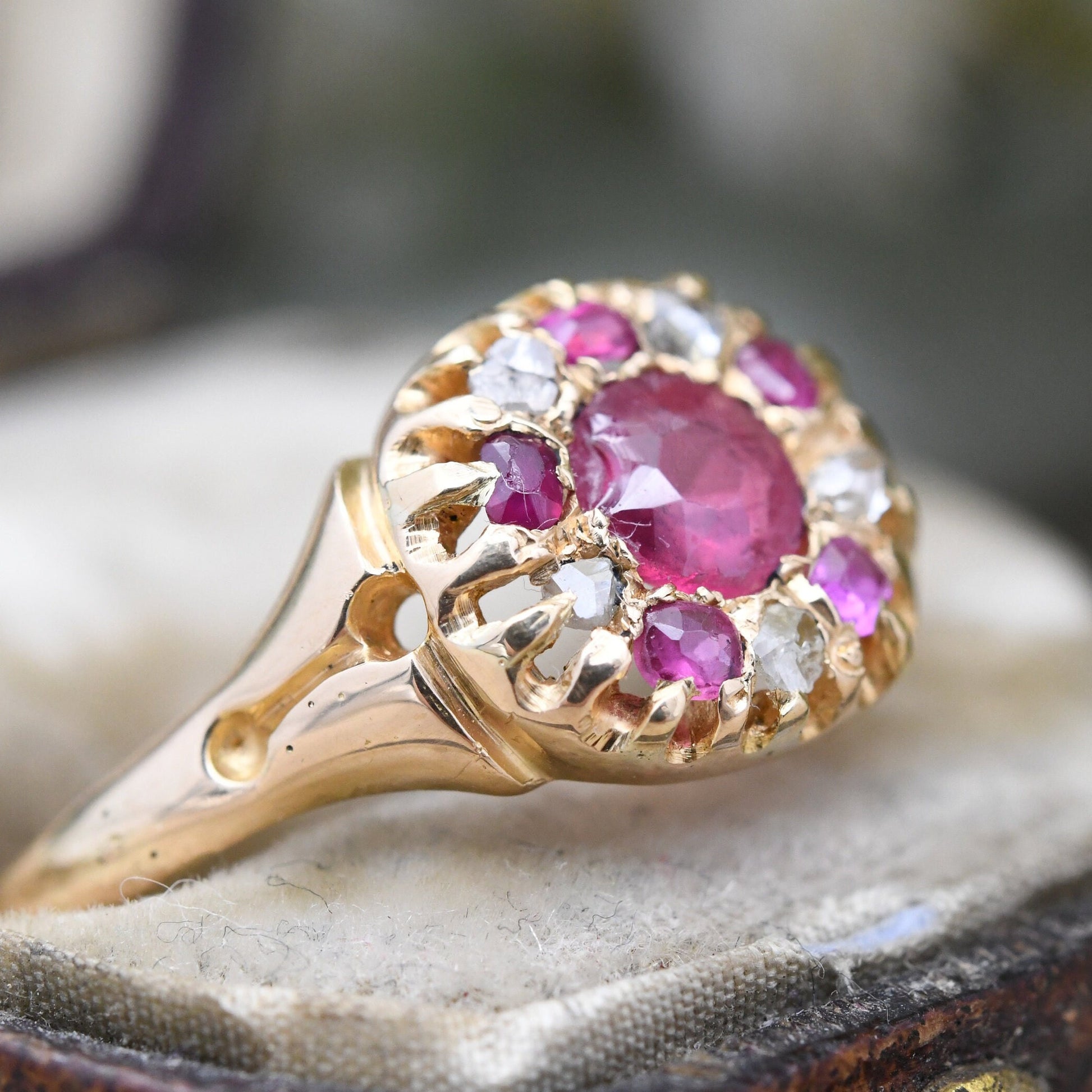 Antique Victorian 18ct Gold Ruby Diamond Ring - UK Size - Q | US Size - 8