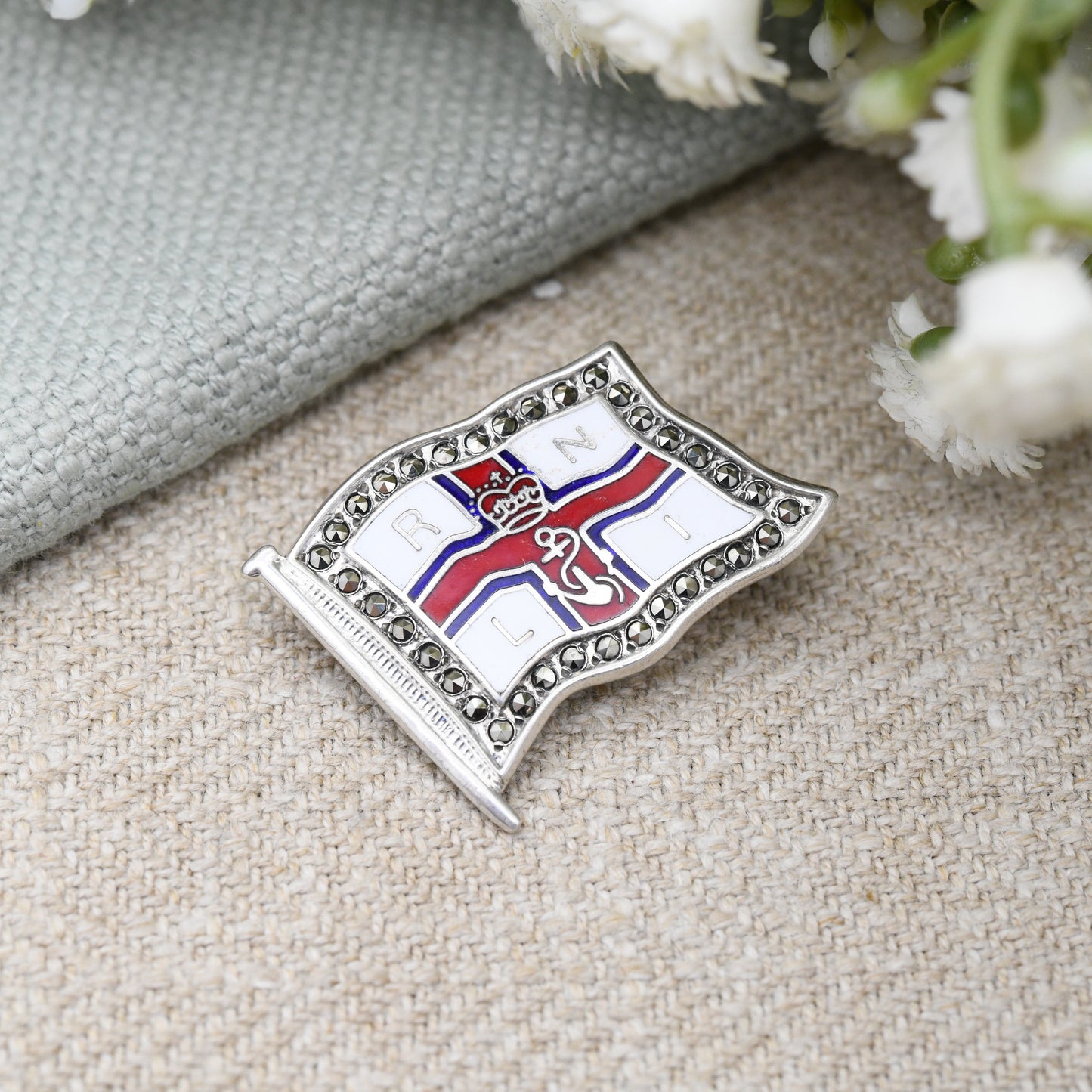 Vintage Sterling Silver RNLI Flag Brooch with Enamel and Marcasite - Royal National Lifeboat Institution UK | British Collectable