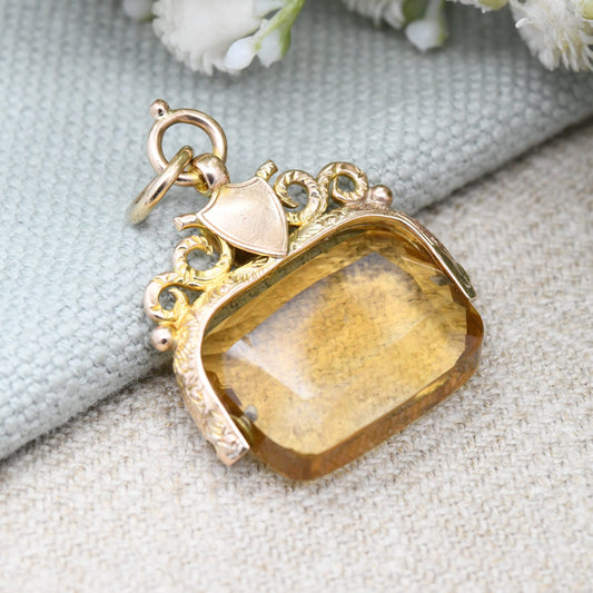 Antique 9ct Gold Citrine Spinner Fob with Shield Plaque 1922 - Faceted Gemstone Watch Fob Pendant | Ornate Design